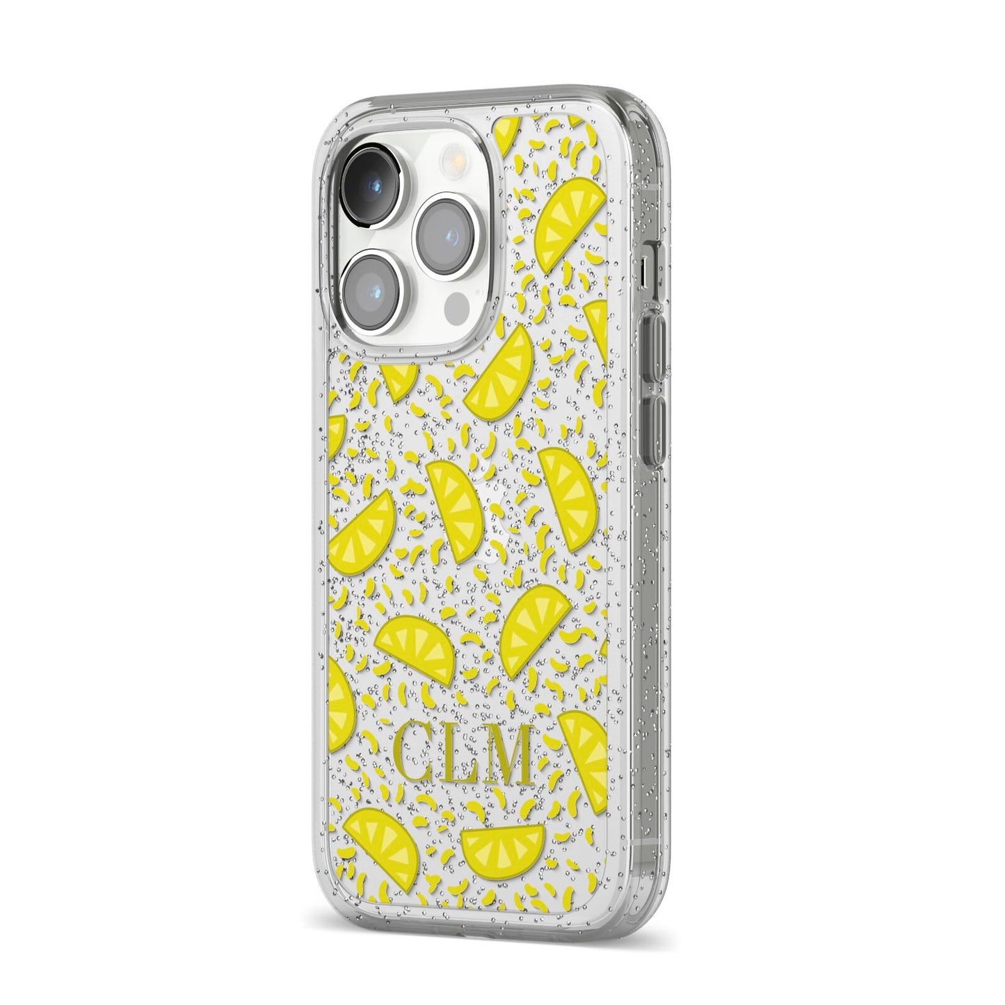 Personalised Lemons Initials Clear iPhone 14 Pro Glitter Tough Case Silver Angled Image