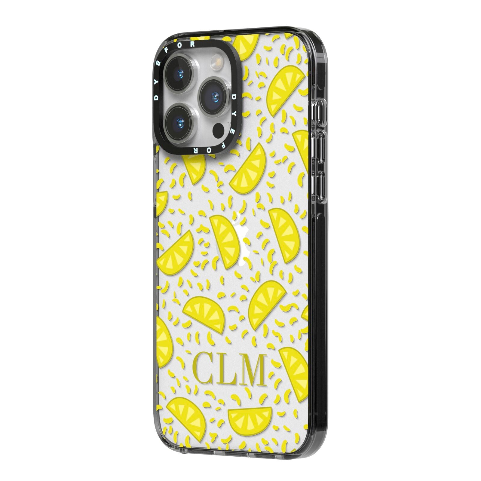 Personalised Lemons Initials Clear iPhone 14 Pro Max Black Impact Case Side Angle on Silver phone