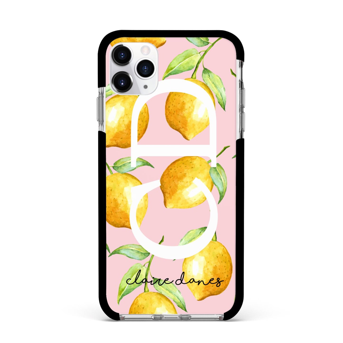 Personalised Lemons Pink Apple iPhone 11 Pro Max in Silver with Black Impact Case