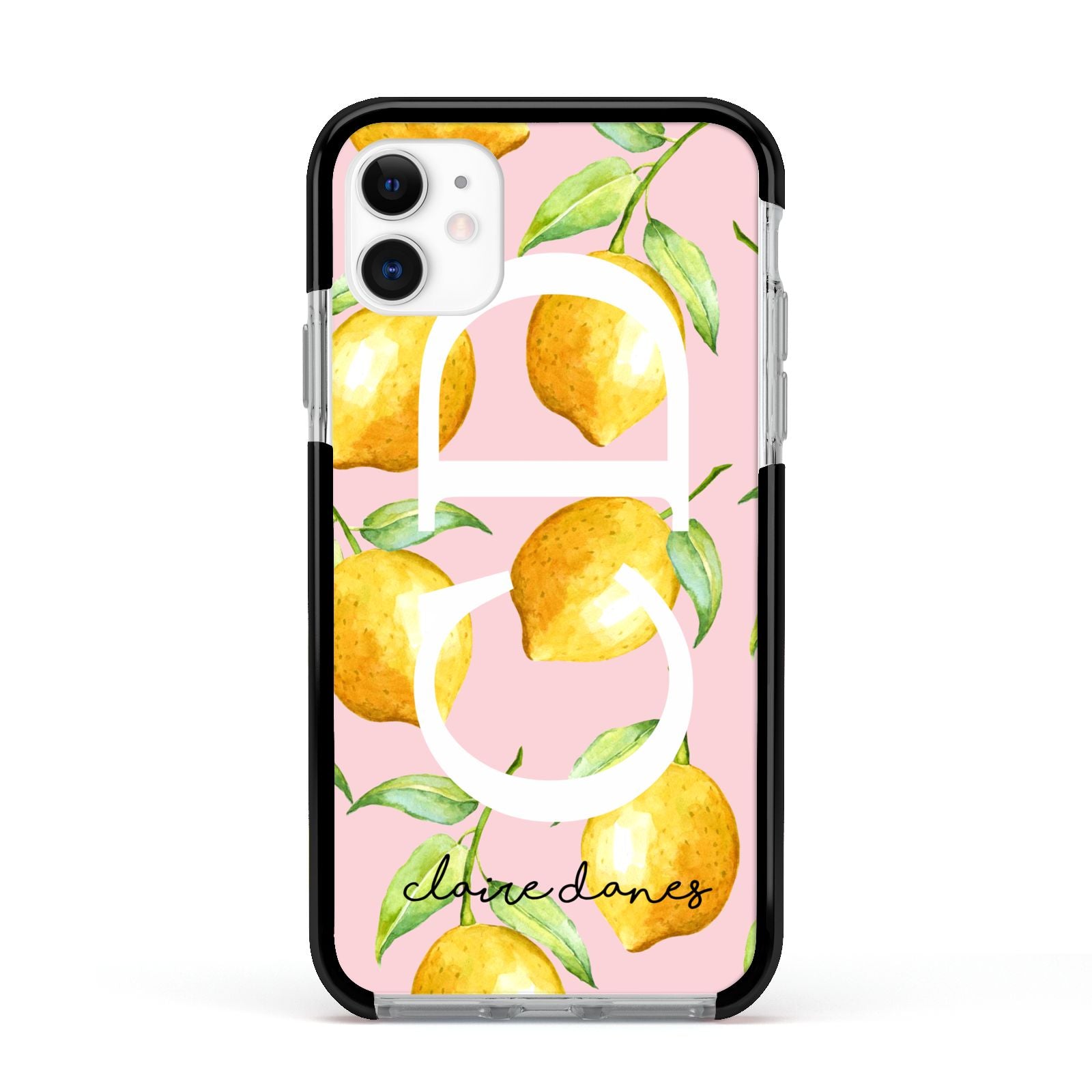 Personalised Lemons Pink Apple iPhone 11 in White with Black Impact Case