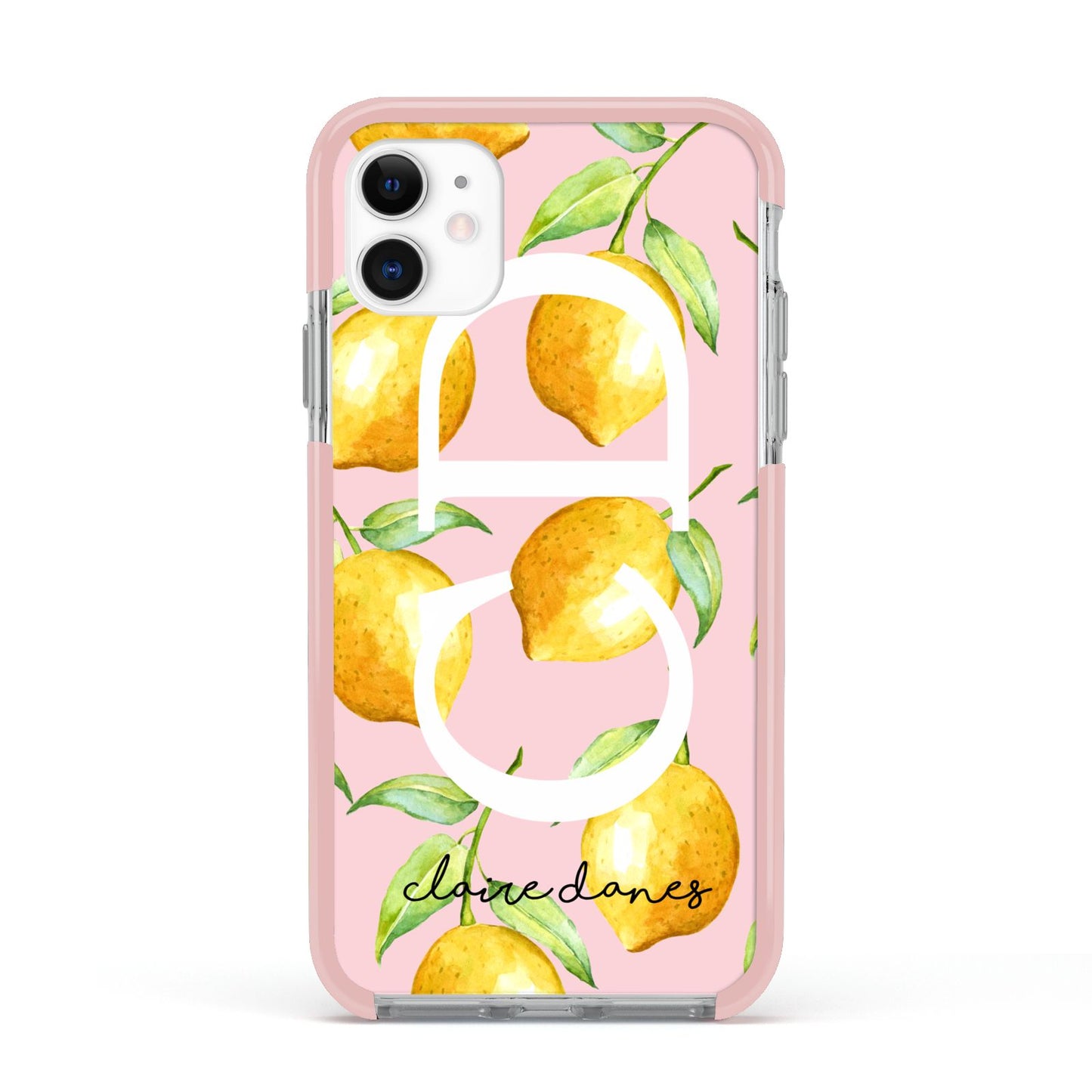 Personalised Lemons Pink Apple iPhone 11 in White with Pink Impact Case