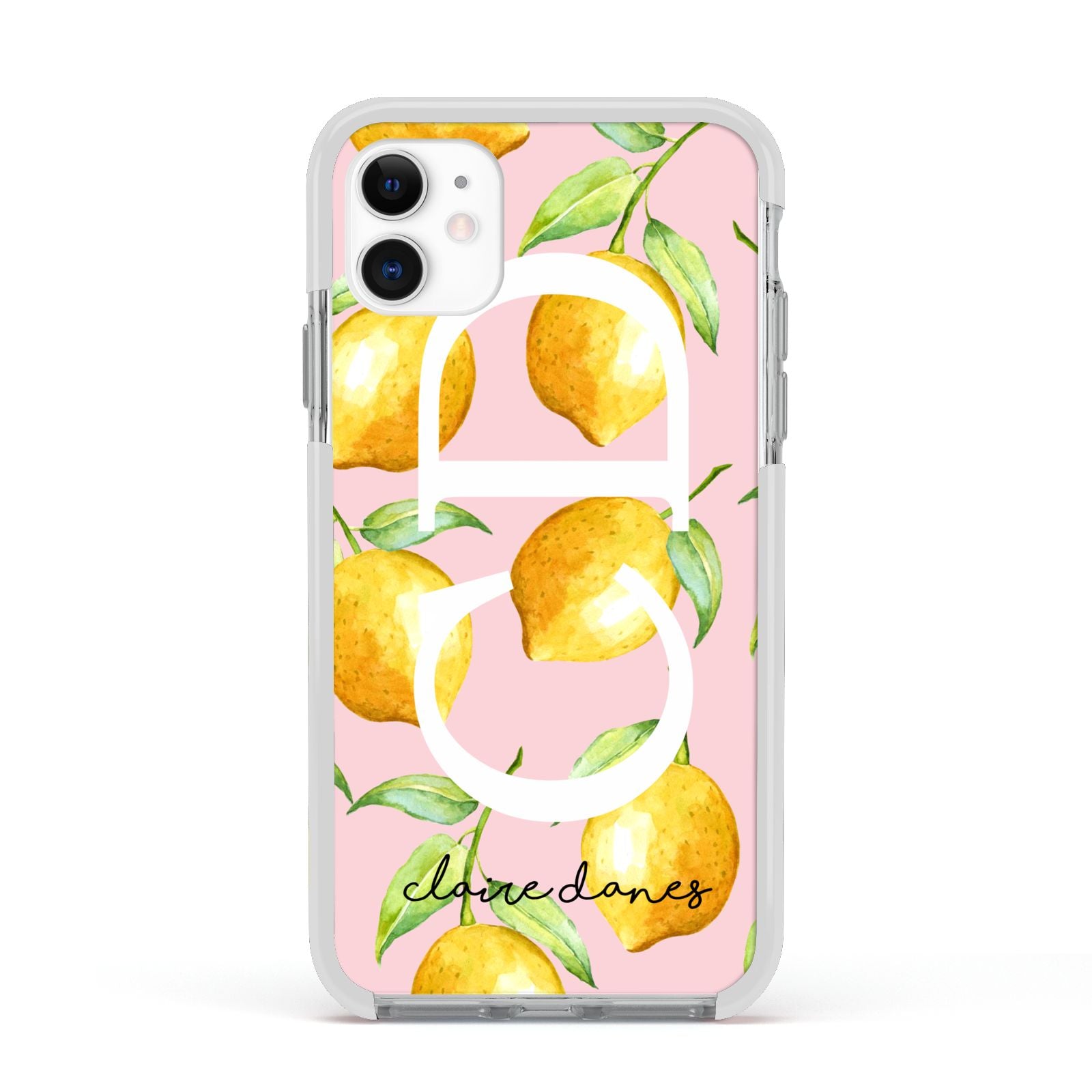 Personalised Lemons Pink Apple iPhone 11 in White with White Impact Case