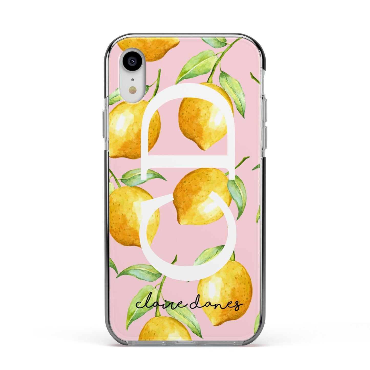 Personalised Lemons Pink Apple iPhone XR Impact Case Black Edge on Silver Phone