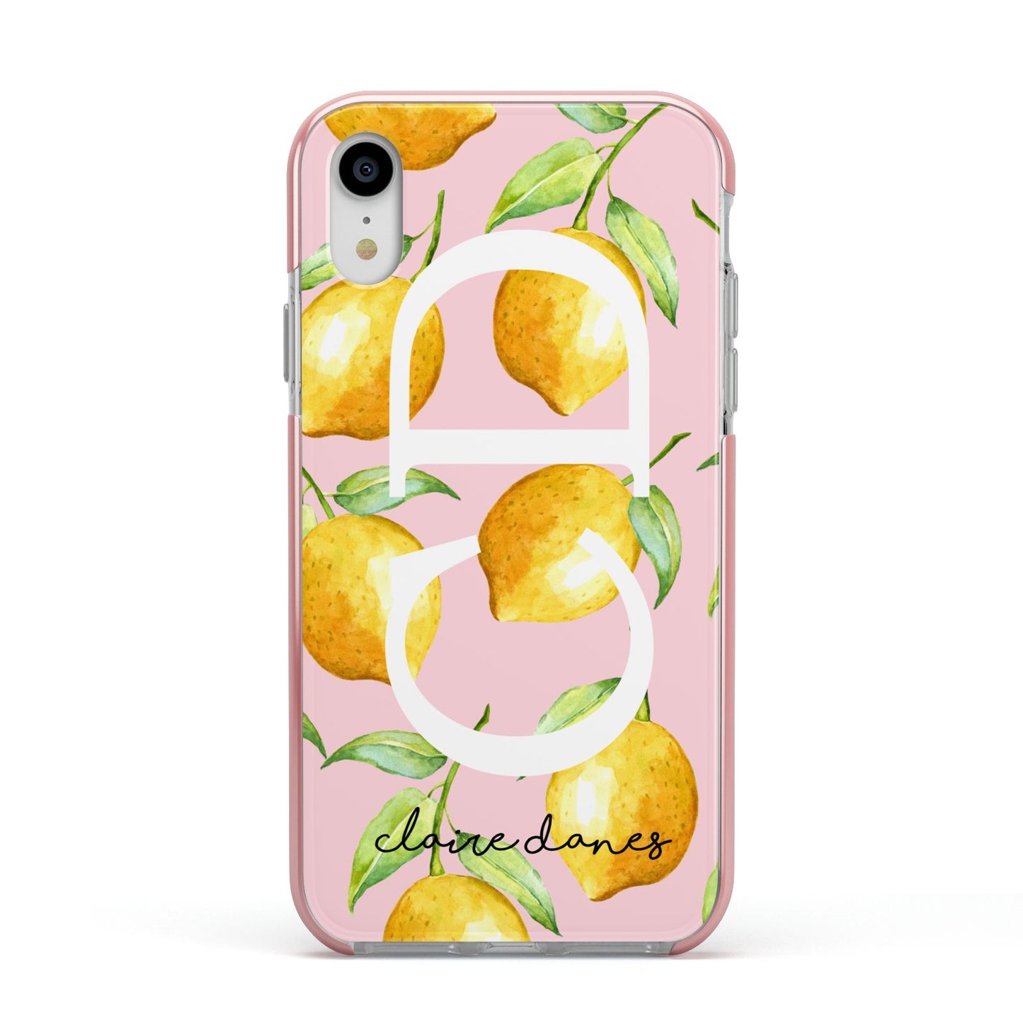 Personalised Lemons Pink Apple iPhone XR Impact Case Pink Edge on Silver Phone