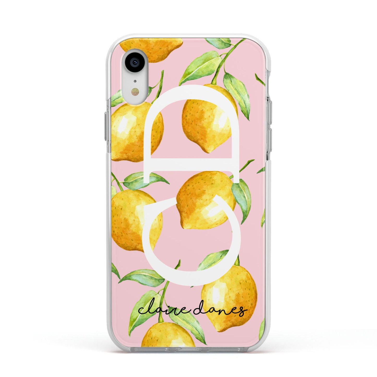 Personalised Lemons Pink Apple iPhone XR Impact Case White Edge on Silver Phone