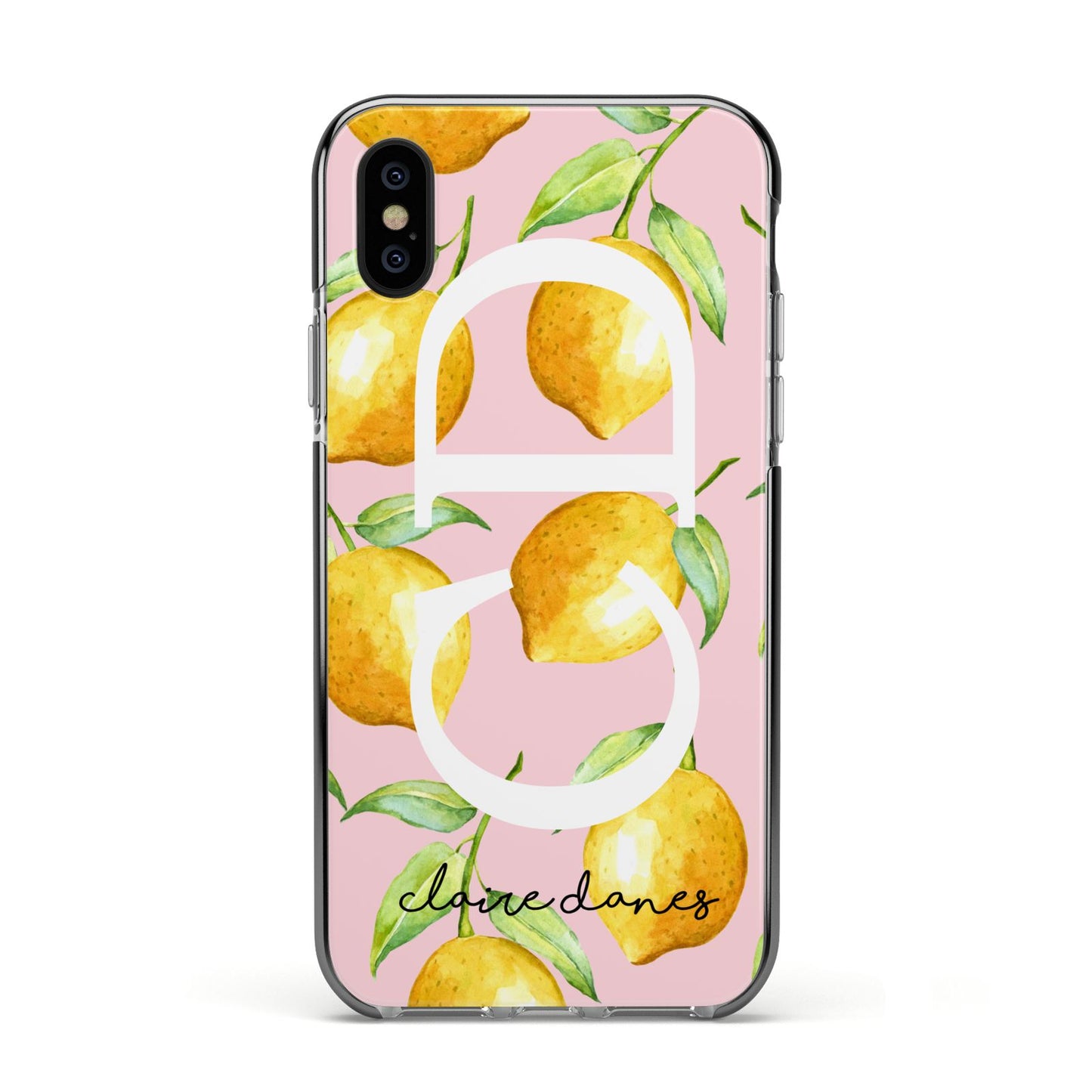 Personalised Lemons Pink Apple iPhone Xs Impact Case Black Edge on Black Phone