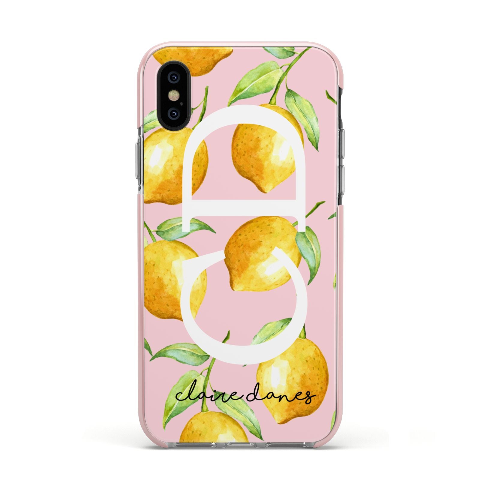 Personalised Lemons Pink Apple iPhone Xs Impact Case Pink Edge on Black Phone