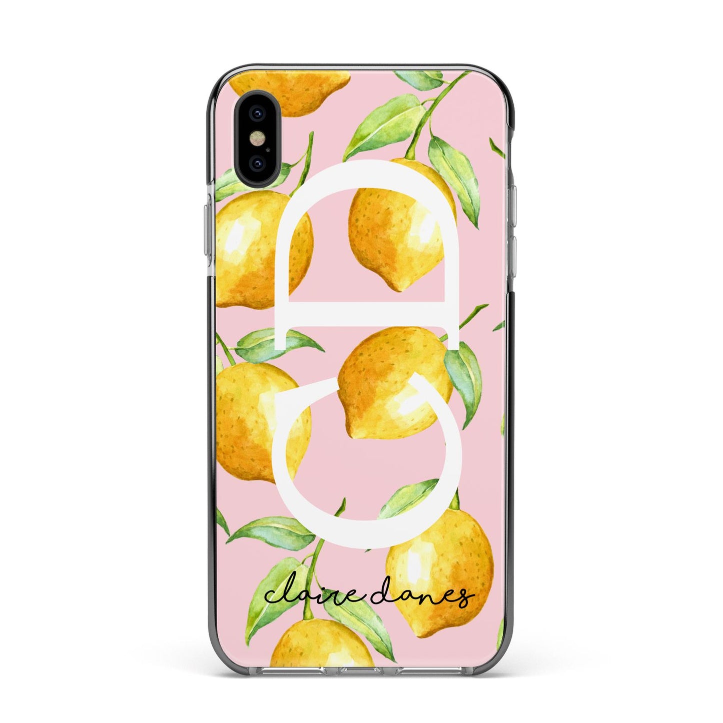 Personalised Lemons Pink Apple iPhone Xs Max Impact Case Black Edge on Black Phone