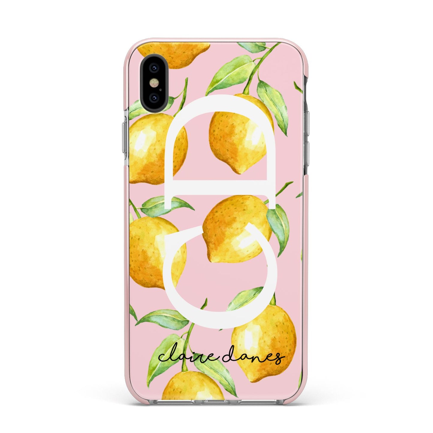 Personalised Lemons Pink Apple iPhone Xs Max Impact Case Pink Edge on Black Phone