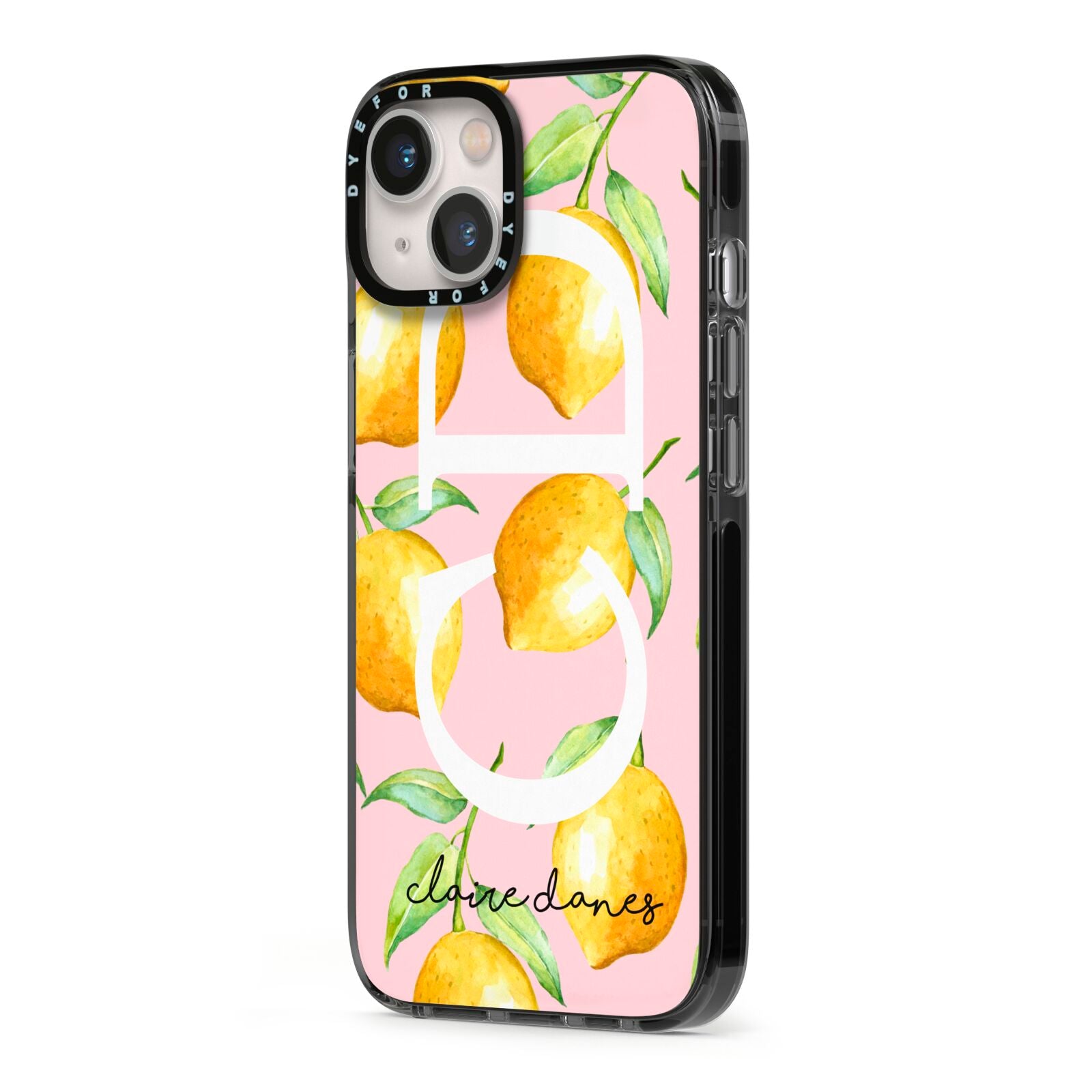 Personalised Lemons Pink iPhone 13 Black Impact Case Side Angle on Silver phone