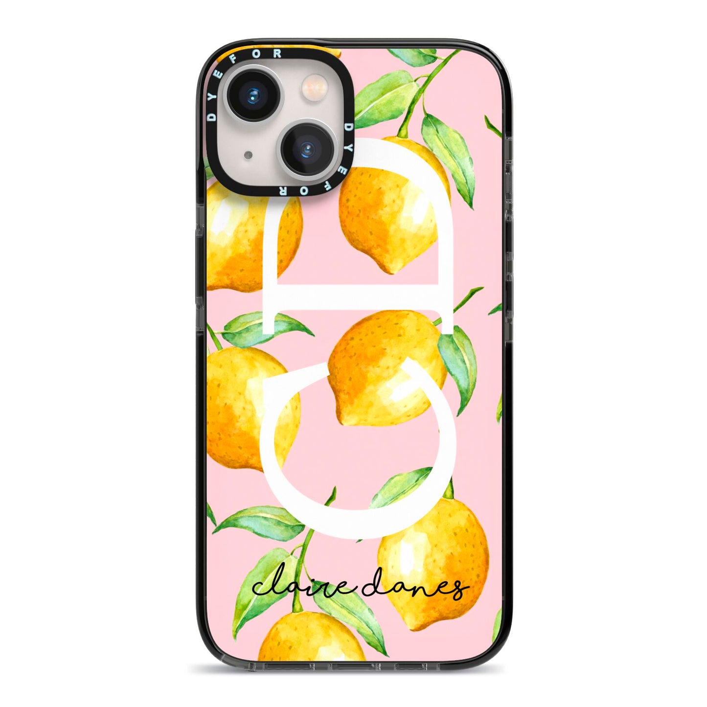 Personalised Lemons Pink iPhone 13 Black Impact Case on Silver phone