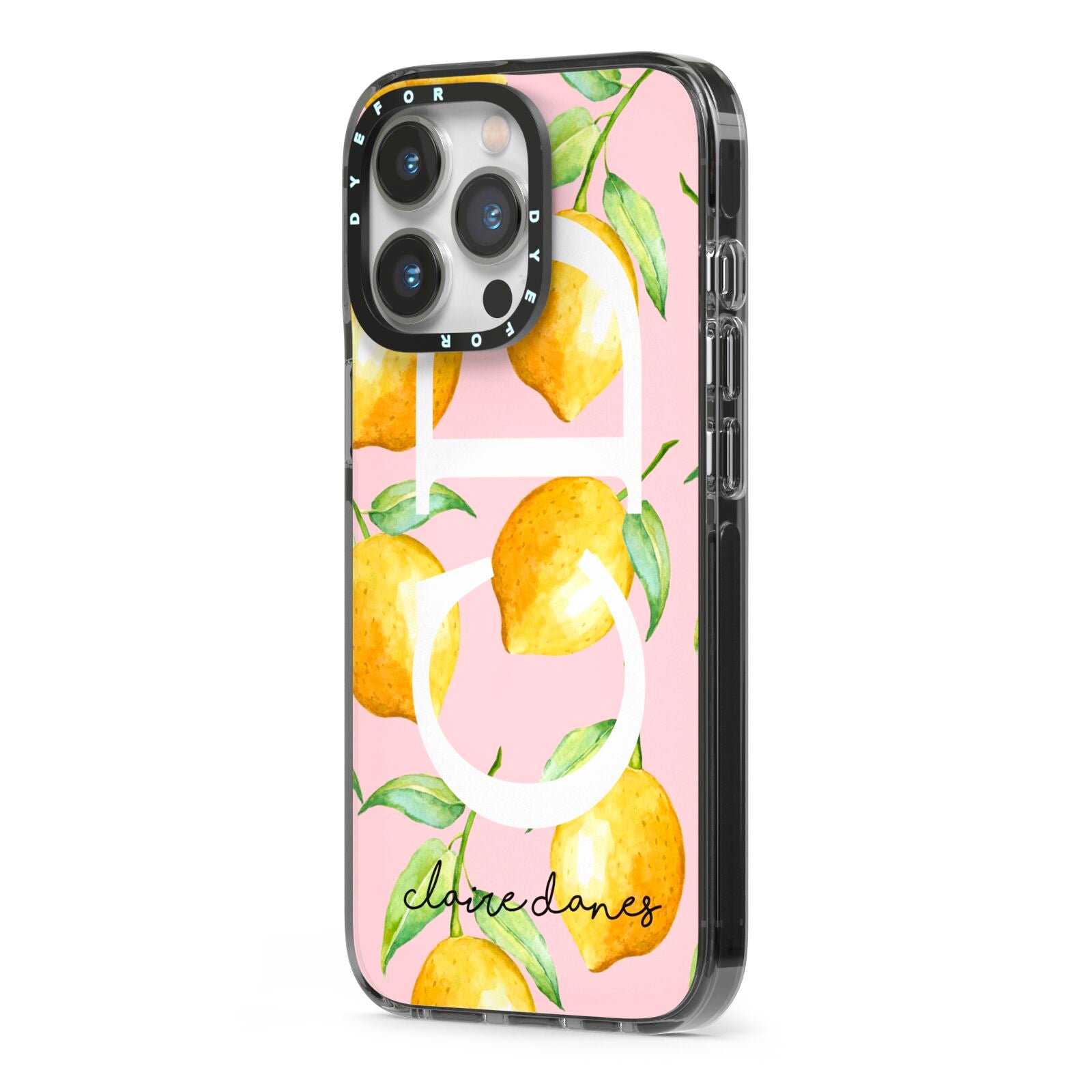 Personalised Lemons Pink iPhone 13 Pro Black Impact Case Side Angle on Silver phone