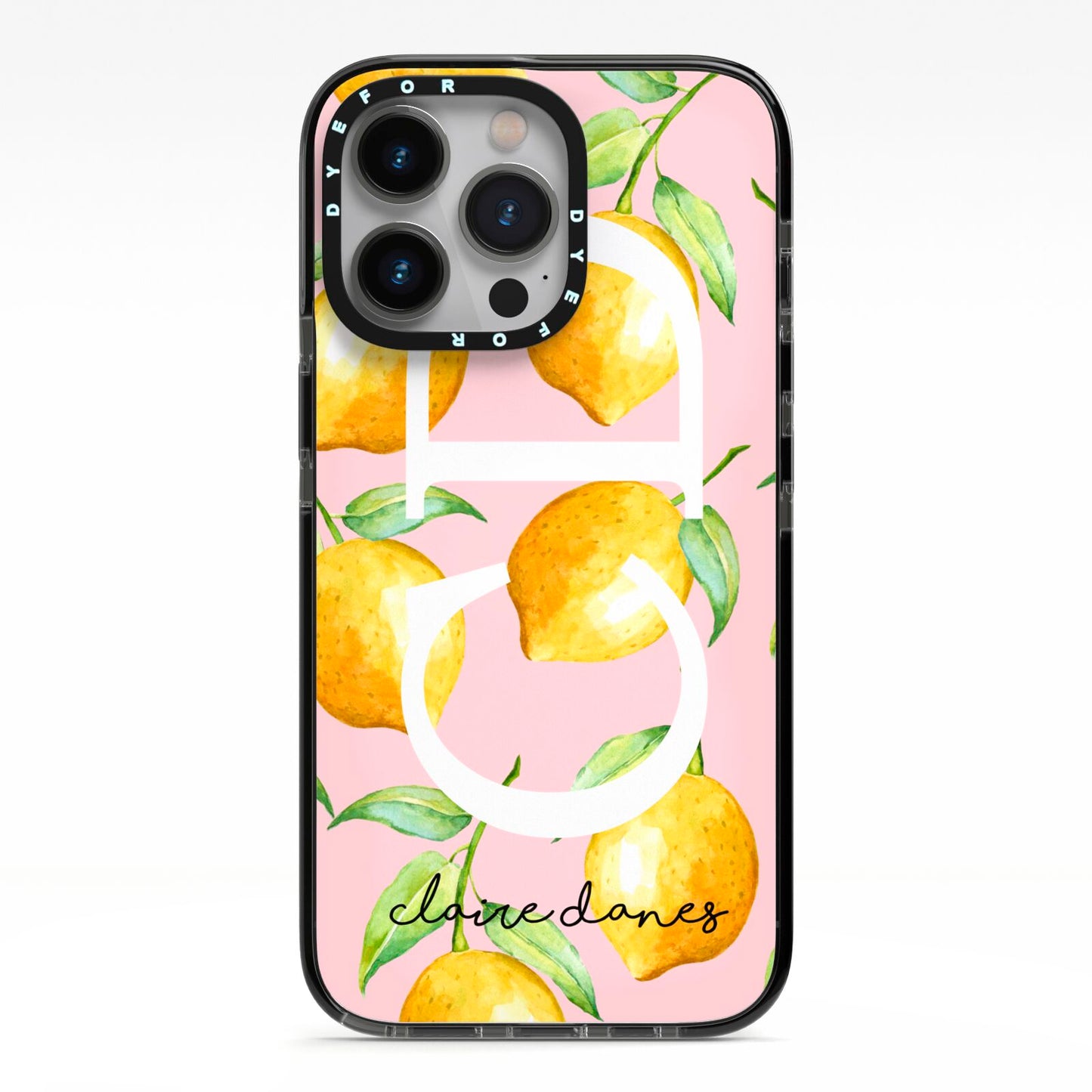 Personalised Lemons Pink iPhone 13 Pro Black Impact Case on Silver phone