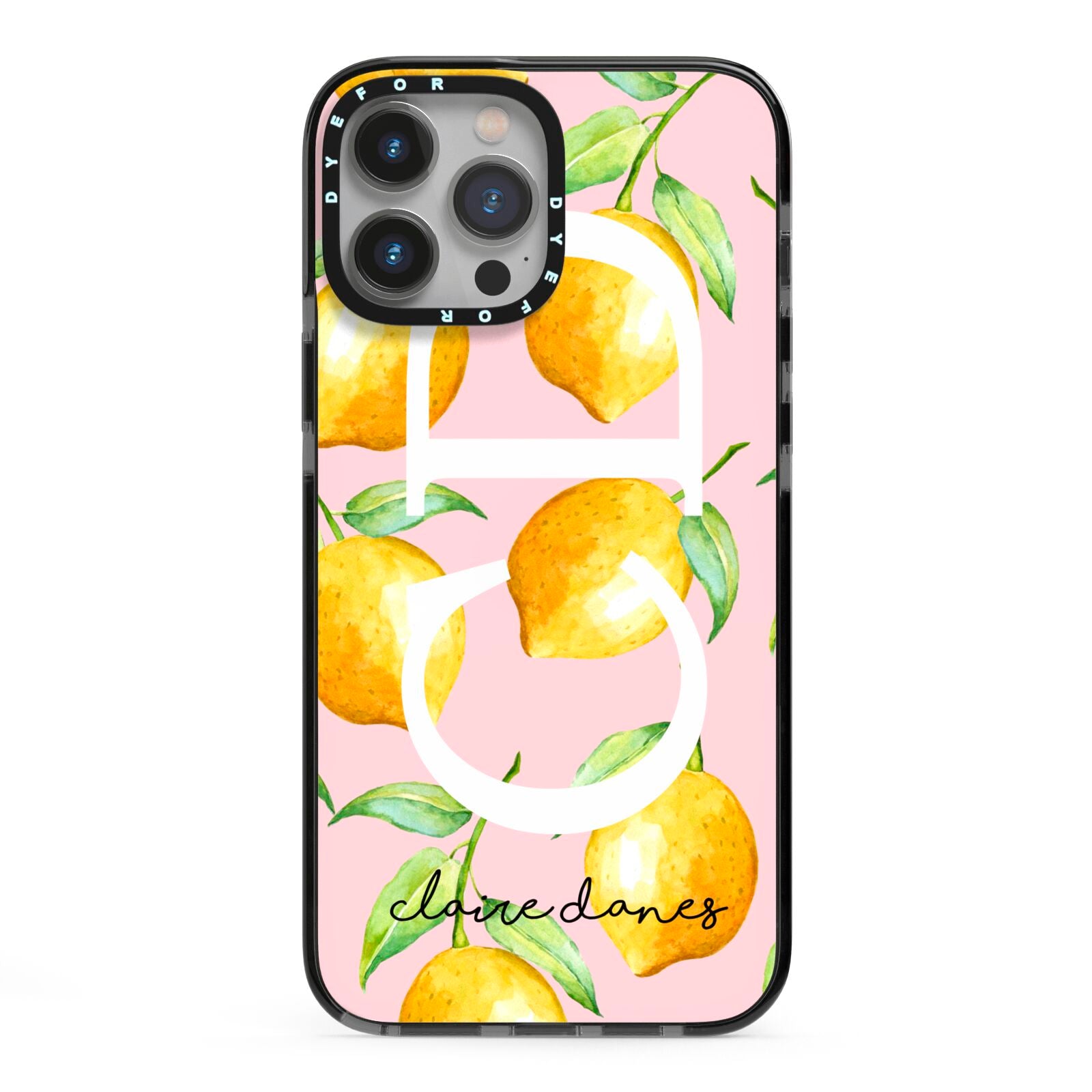 Personalised Lemons Pink iPhone 13 Pro Max Black Impact Case on Silver phone