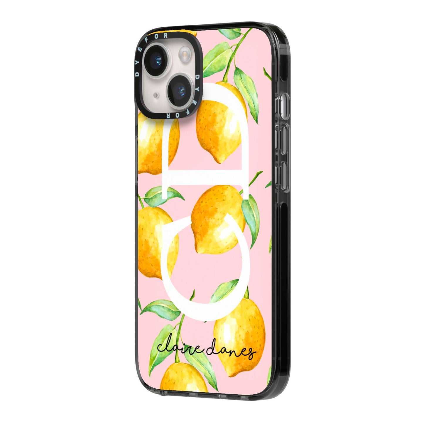 Personalised Lemons Pink iPhone 14 Black Impact Case Side Angle on Silver phone