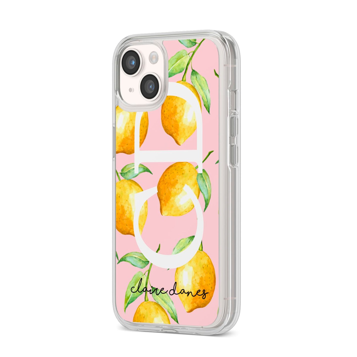 Personalised Lemons Pink iPhone 14 Clear Tough Case Starlight Angled Image