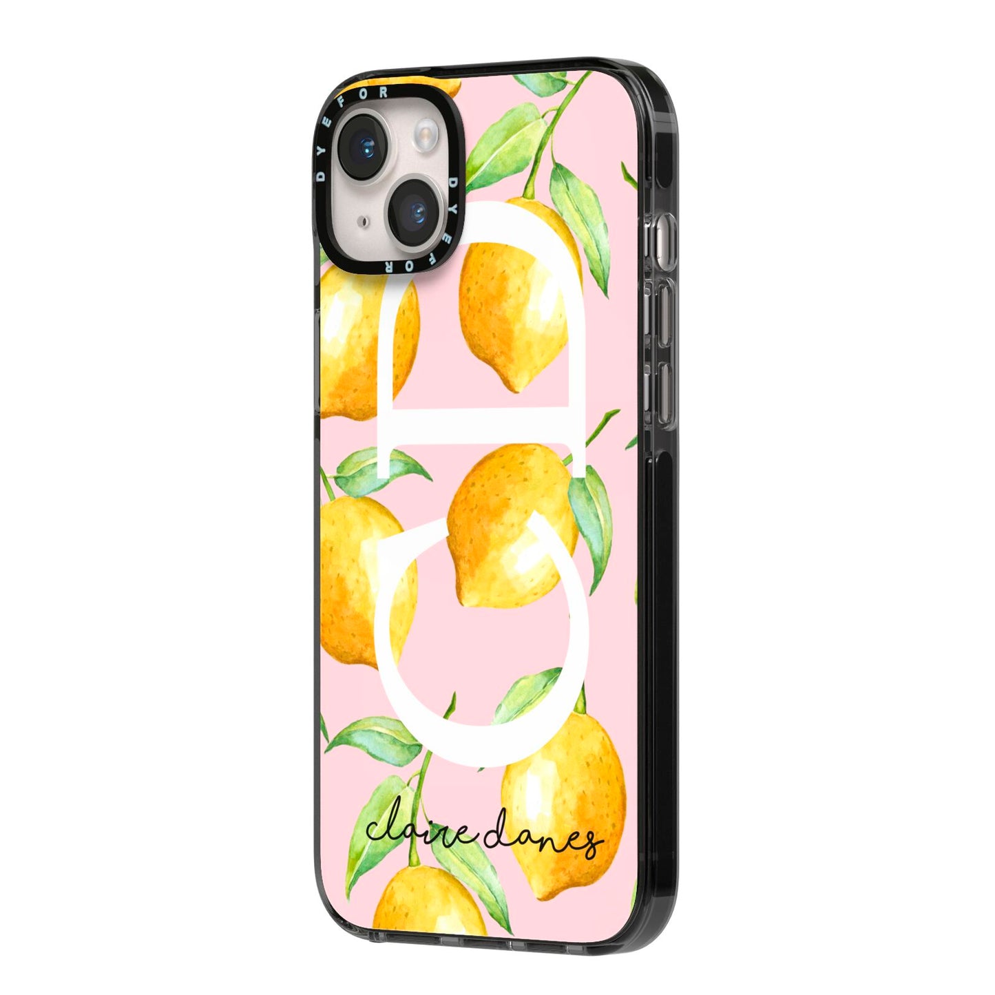 Personalised Lemons Pink iPhone 14 Plus Black Impact Case Side Angle on Silver phone