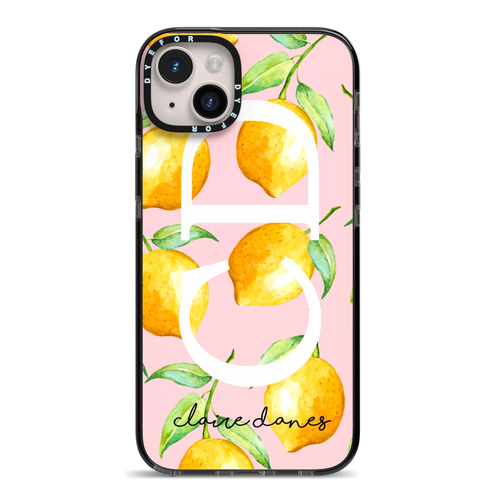 Personalised Lemons Pink iPhone 14 Plus Black Impact Case on Silver phone