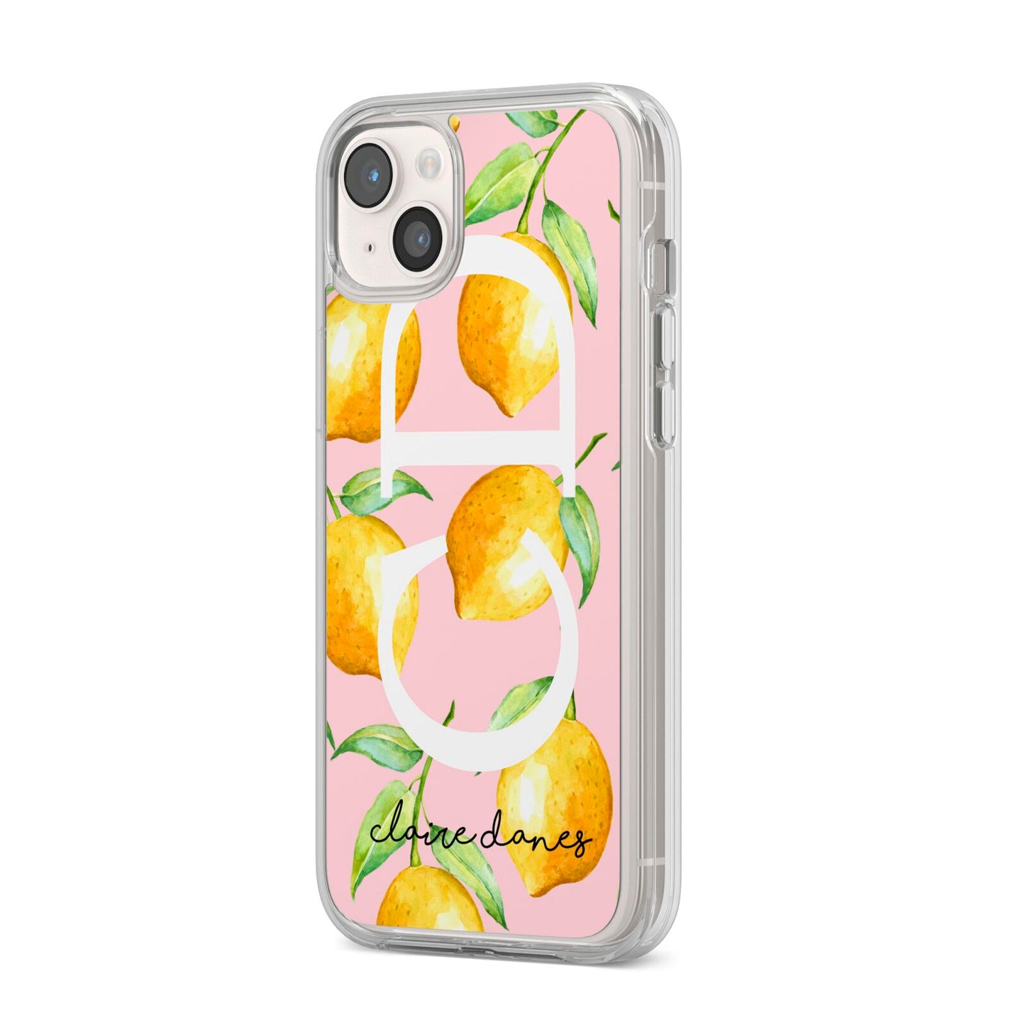 Personalised Lemons Pink iPhone 14 Plus Clear Tough Case Starlight Angled Image