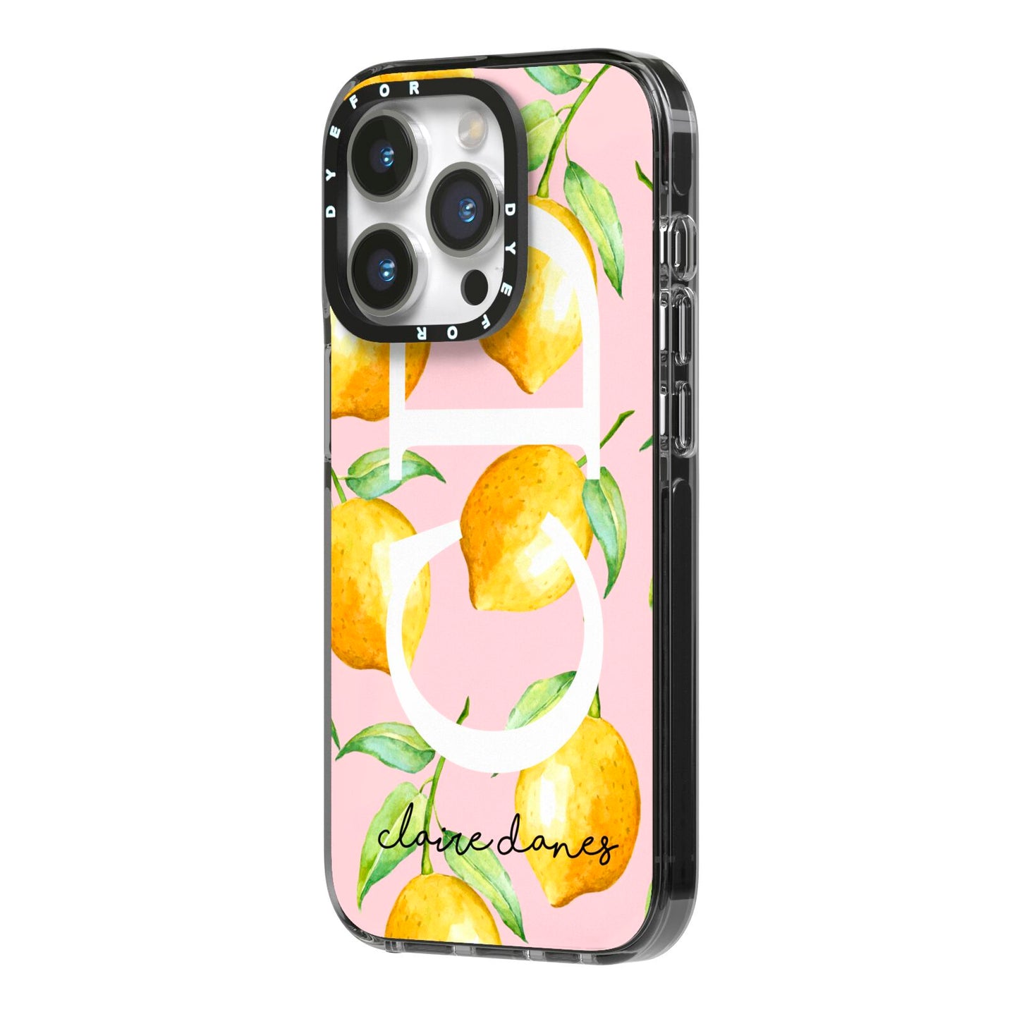 Personalised Lemons Pink iPhone 14 Pro Black Impact Case Side Angle on Silver phone