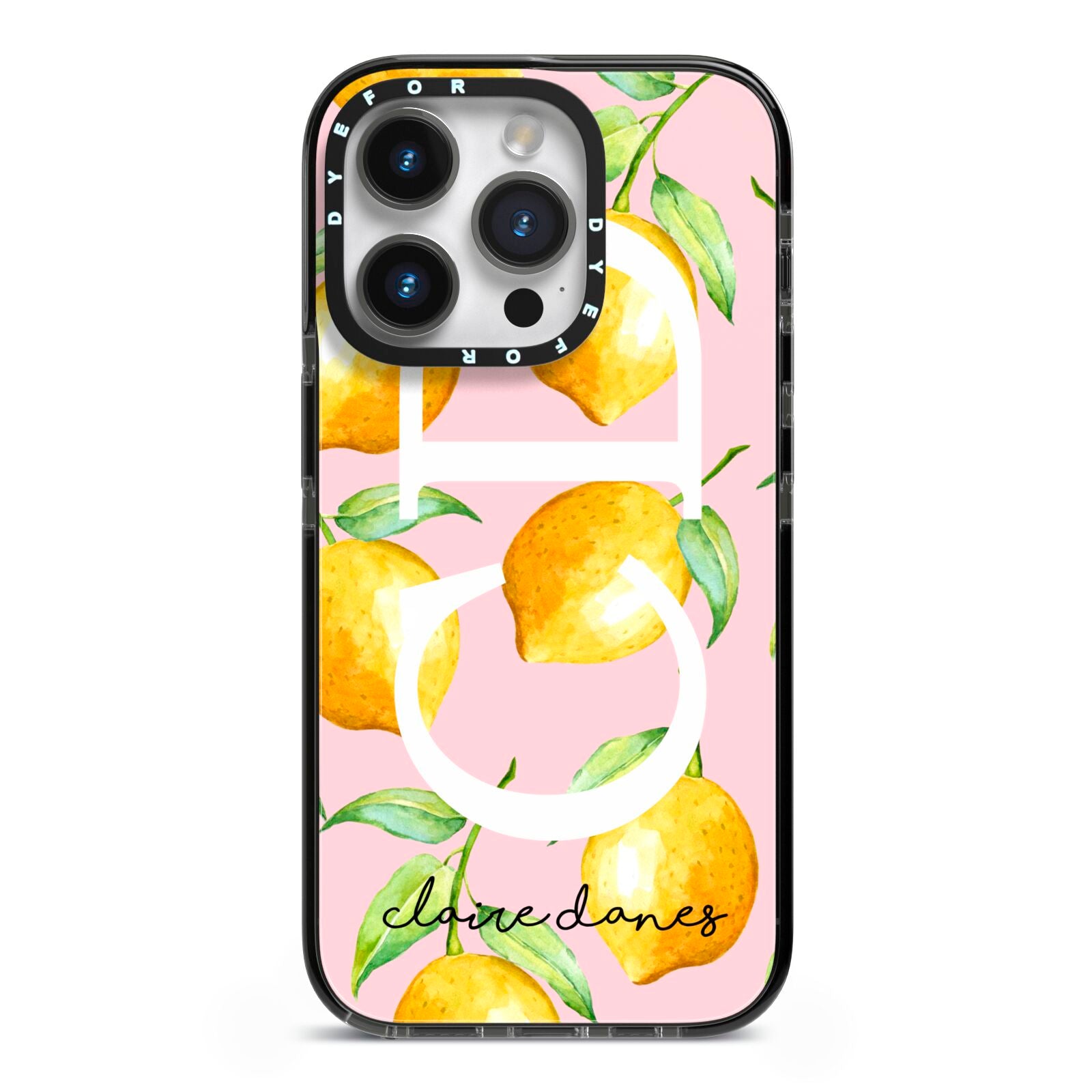 Personalised Lemons Pink iPhone 14 Pro Black Impact Case on Silver phone