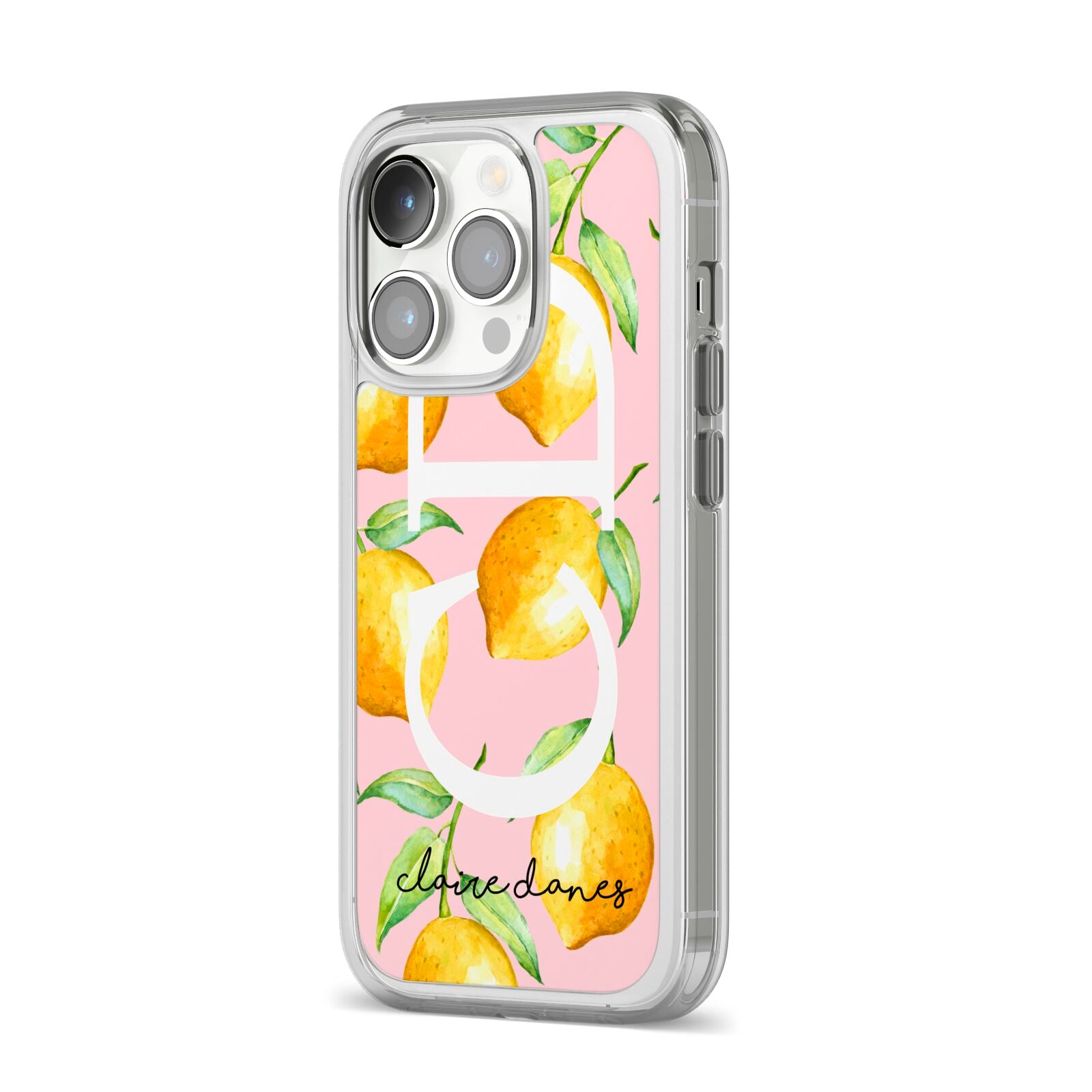 Personalised Lemons Pink iPhone 14 Pro Clear Tough Case Silver Angled Image