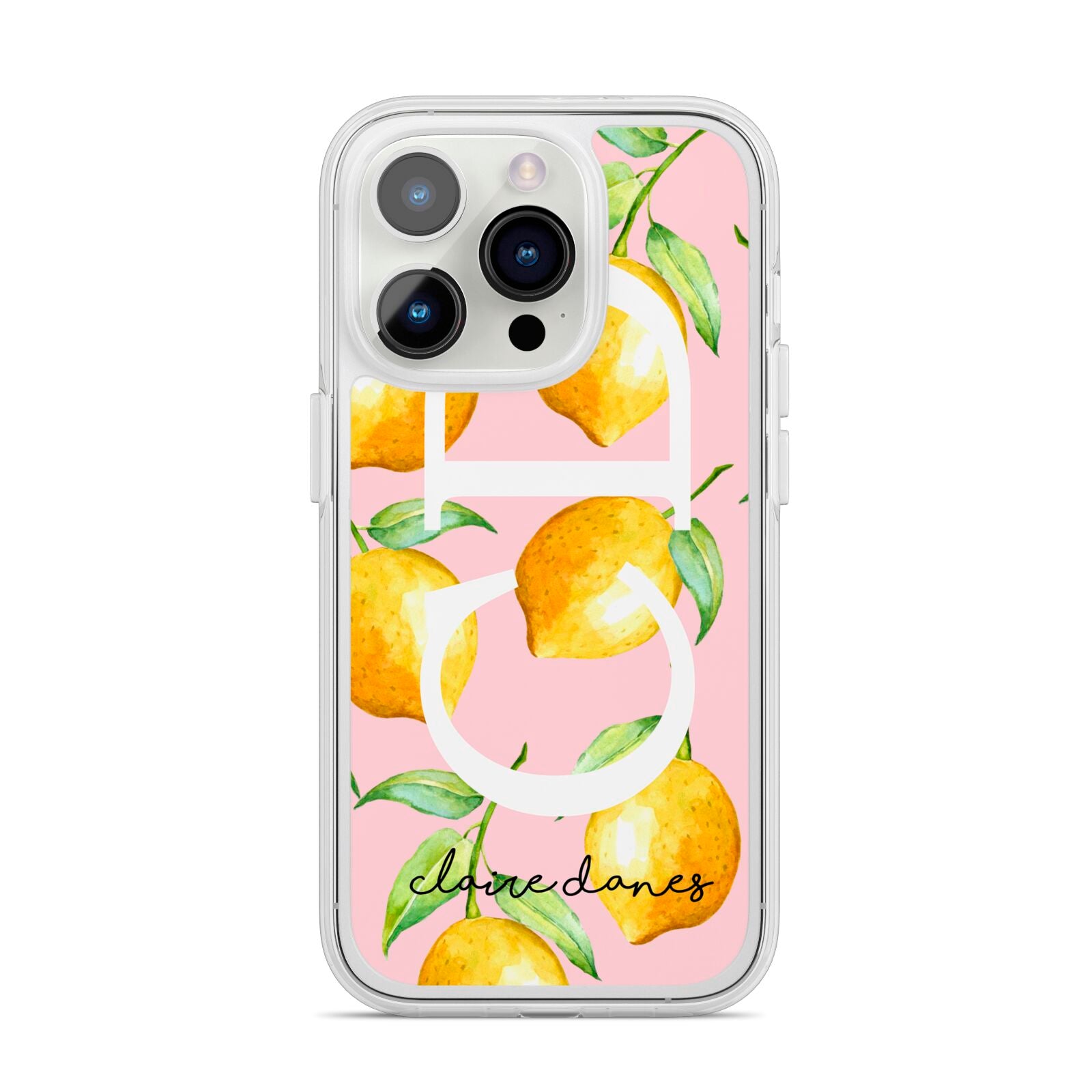 Personalised Lemons Pink iPhone 14 Pro Clear Tough Case Silver