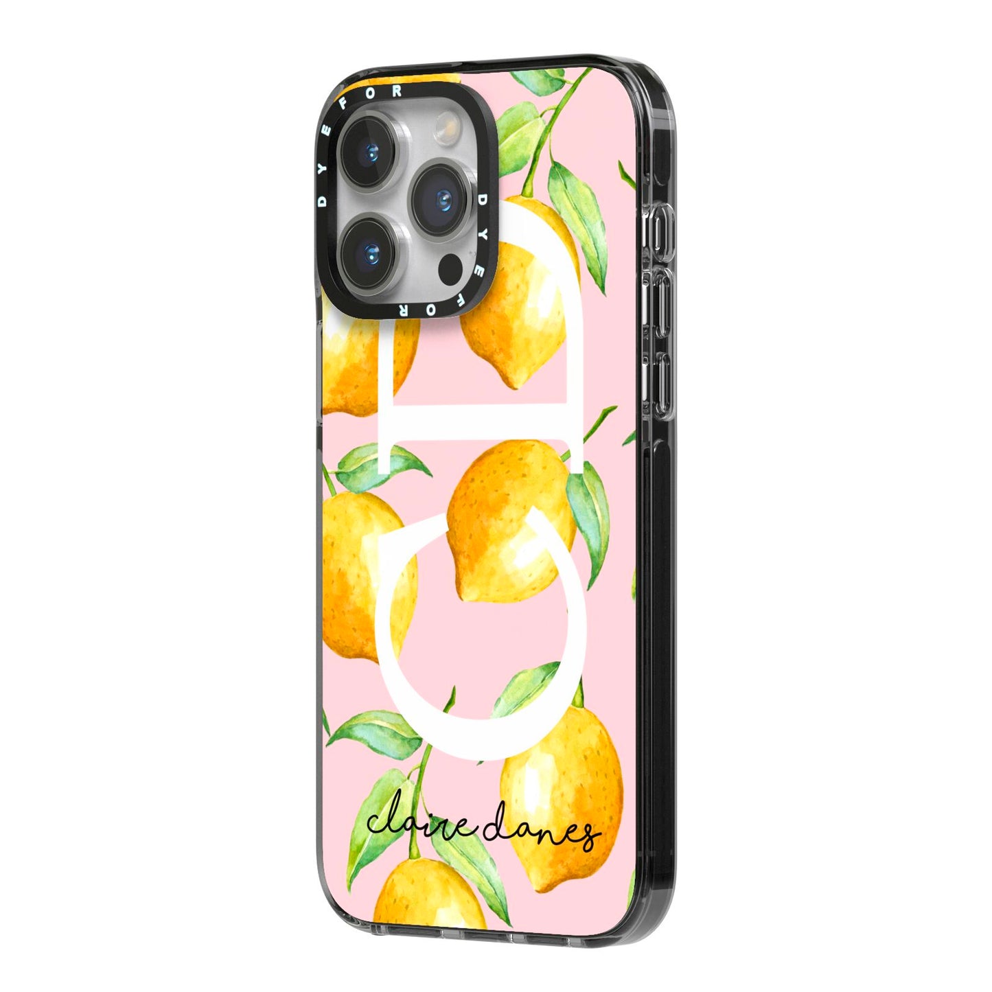 Personalised Lemons Pink iPhone 14 Pro Max Black Impact Case Side Angle on Silver phone