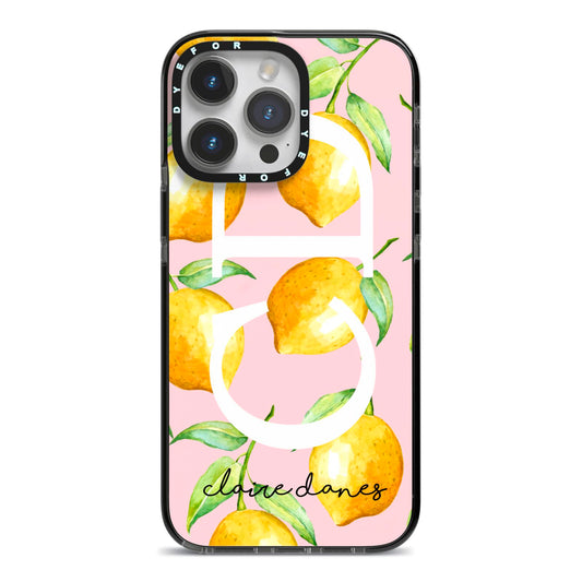 Personalised Lemons Pink iPhone 14 Pro Max Black Impact Case on Silver phone