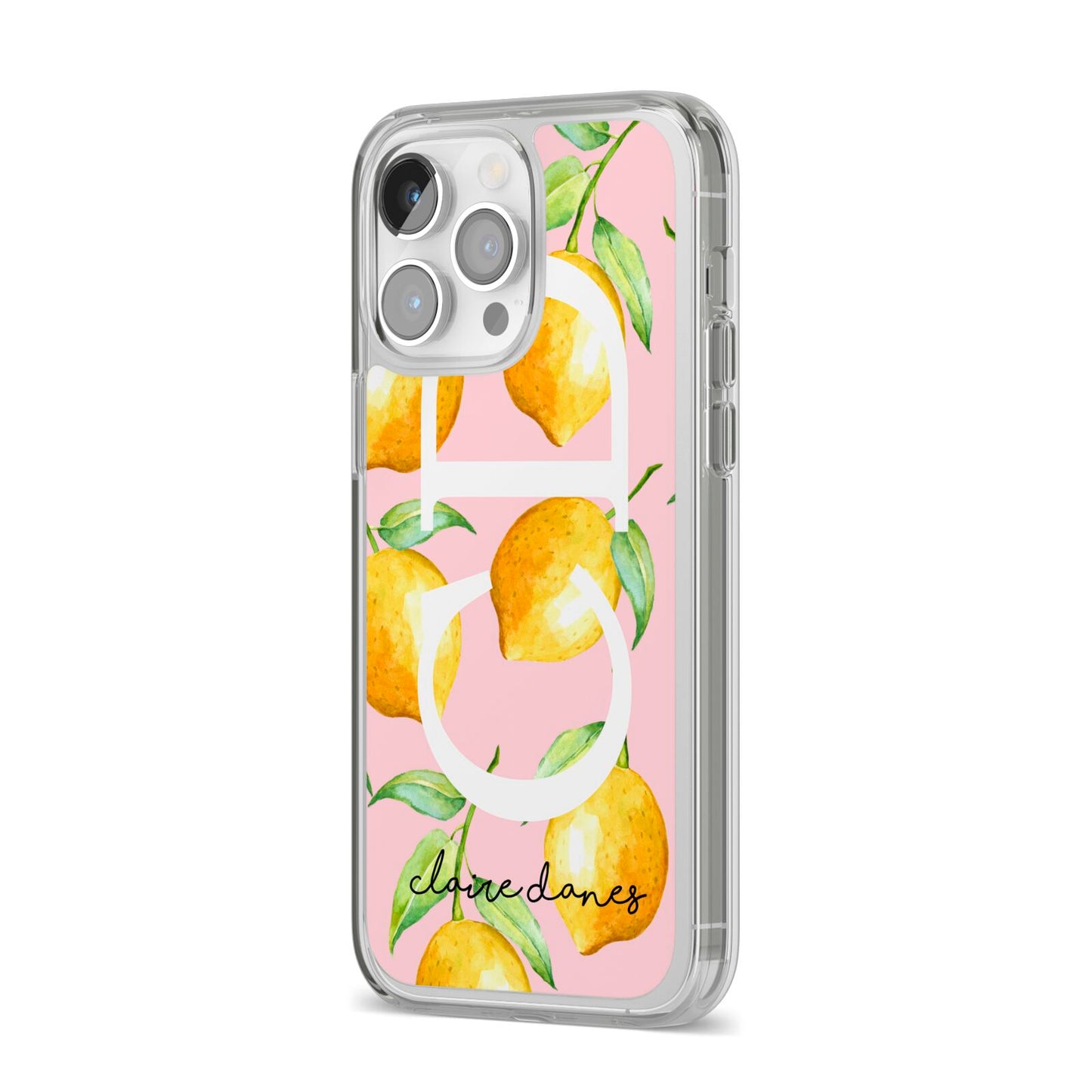 Personalised Lemons Pink iPhone 14 Pro Max Clear Tough Case Silver Angled Image