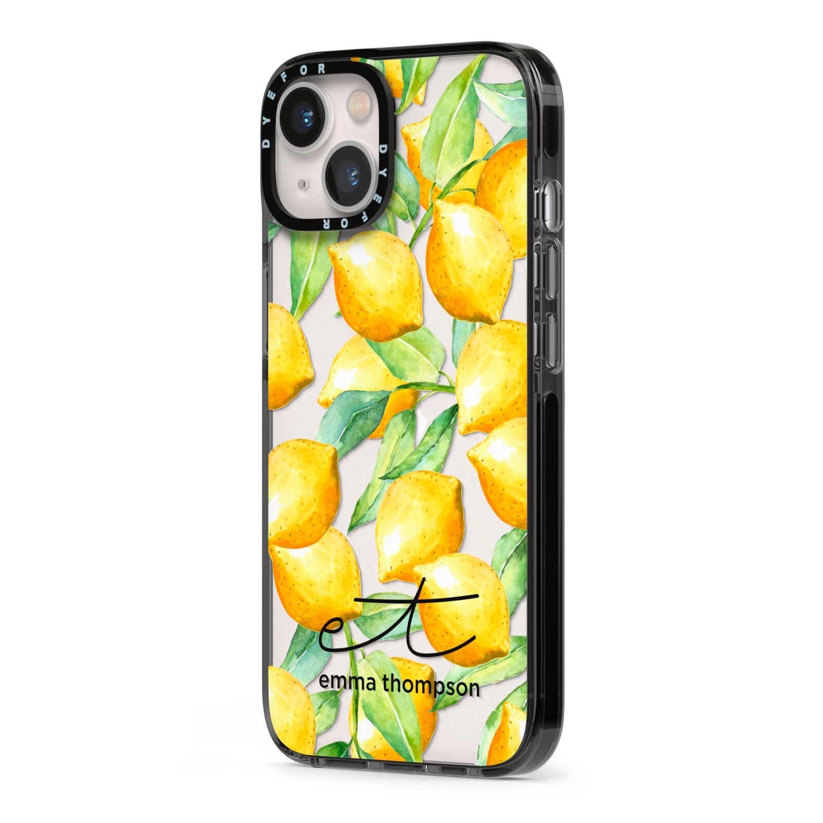 Personalised Lemons of Capri iPhone 13 Black Impact Case Side Angle on Silver phone