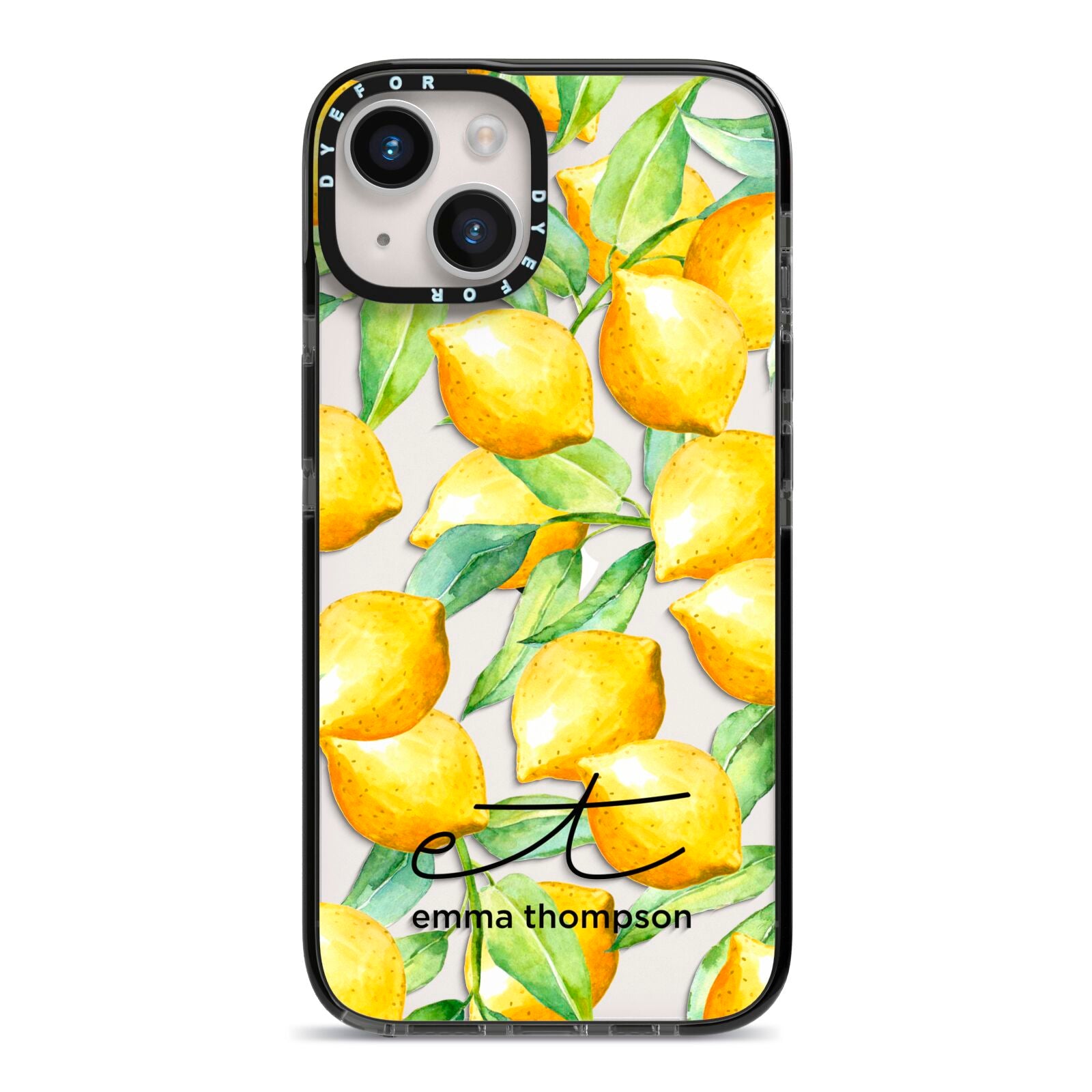 Personalised Lemons of Capri iPhone 14 Black Impact Case on Silver phone