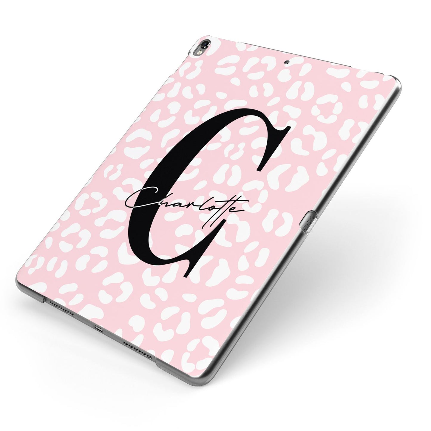 Personalised Leopard Pink White Apple iPad Case on Grey iPad Side View