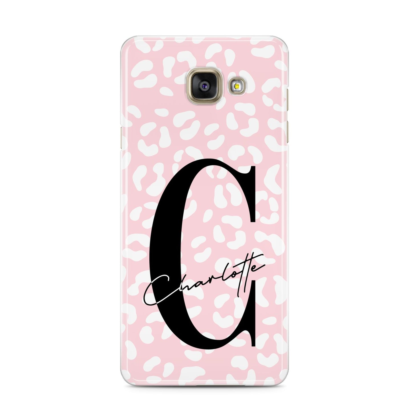 Personalised Leopard Pink White Samsung Galaxy A3 2016 Case on gold phone