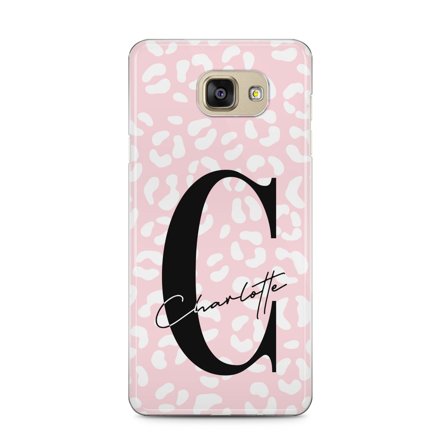 Personalised Leopard Pink White Samsung Galaxy A5 2016 Case on gold phone