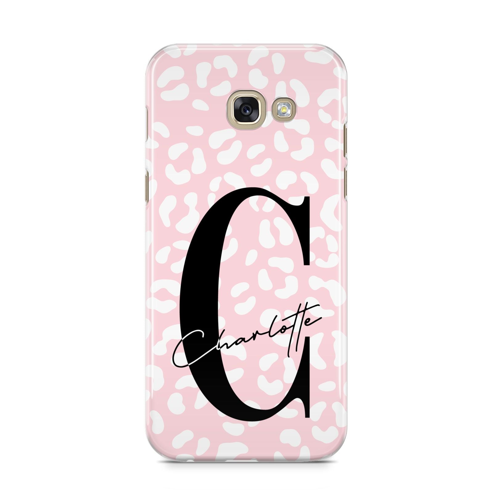 Personalised Leopard Pink White Samsung Galaxy A5 2017 Case on gold phone