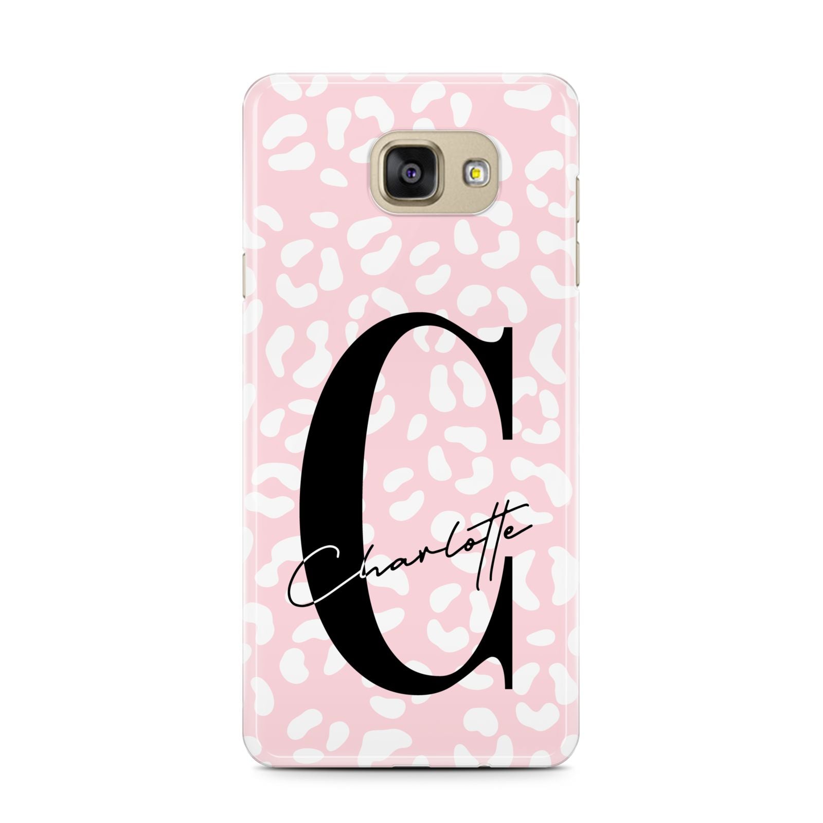 Personalised Leopard Pink White Samsung Galaxy A7 2016 Case on gold phone