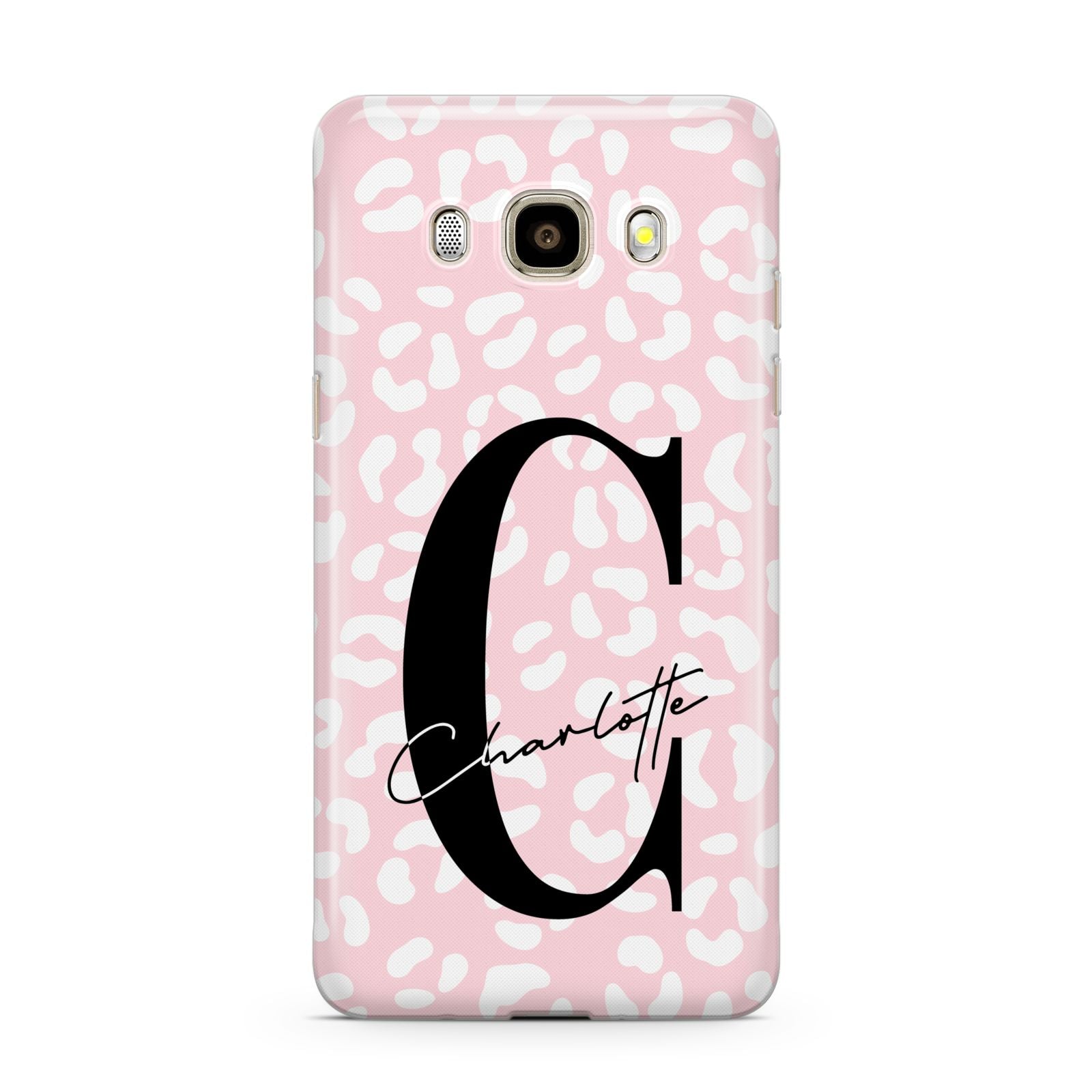 Personalised Leopard Pink White Samsung Galaxy J7 2016 Case on gold phone