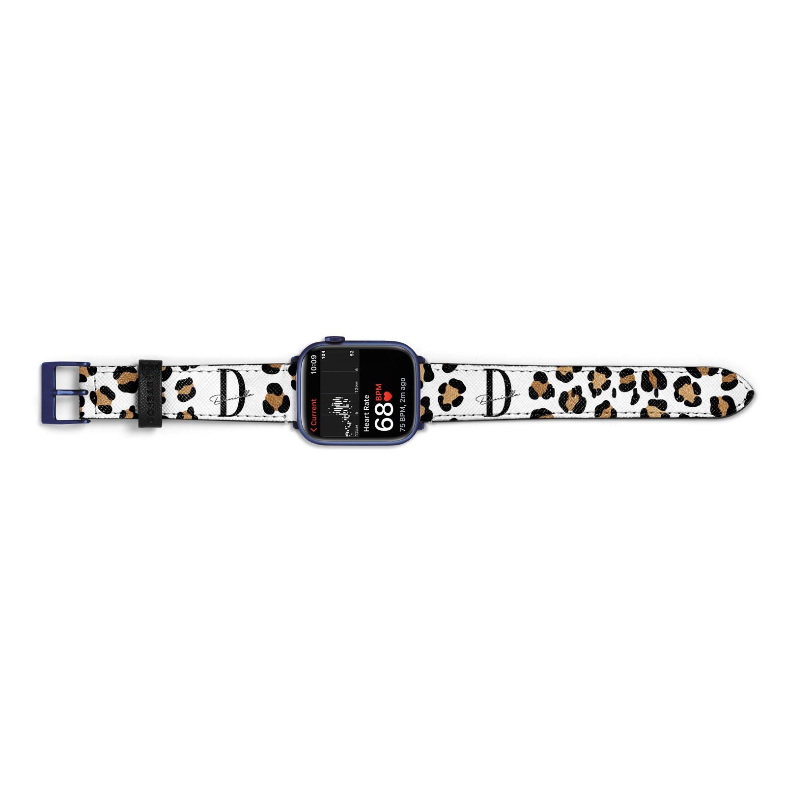 Personalised Leopard Print Apple Watch Strap Size 38mm Landscape Image Blue Hardware