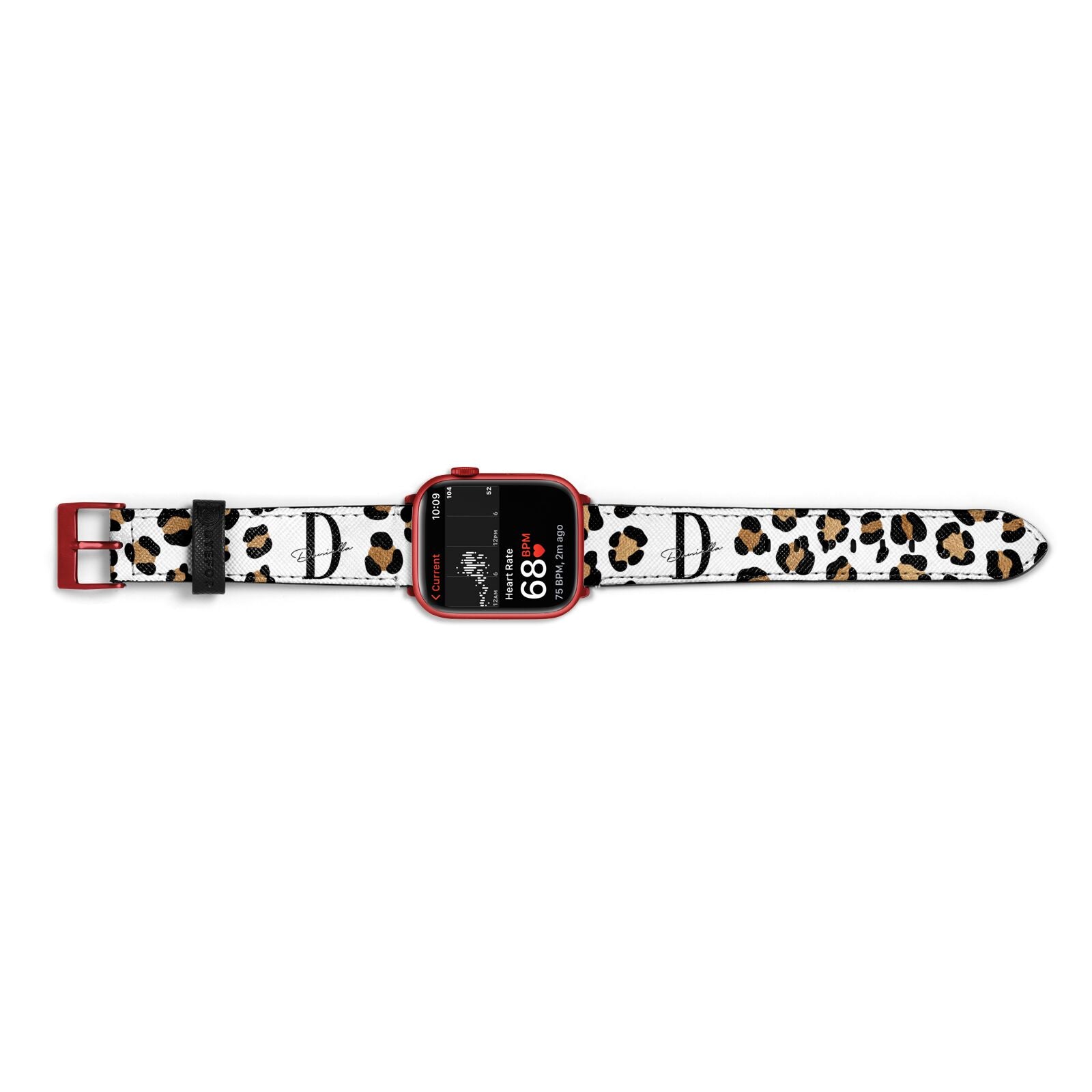 Personalised Leopard Print Apple Watch Strap Size 38mm Landscape Image Red Hardware