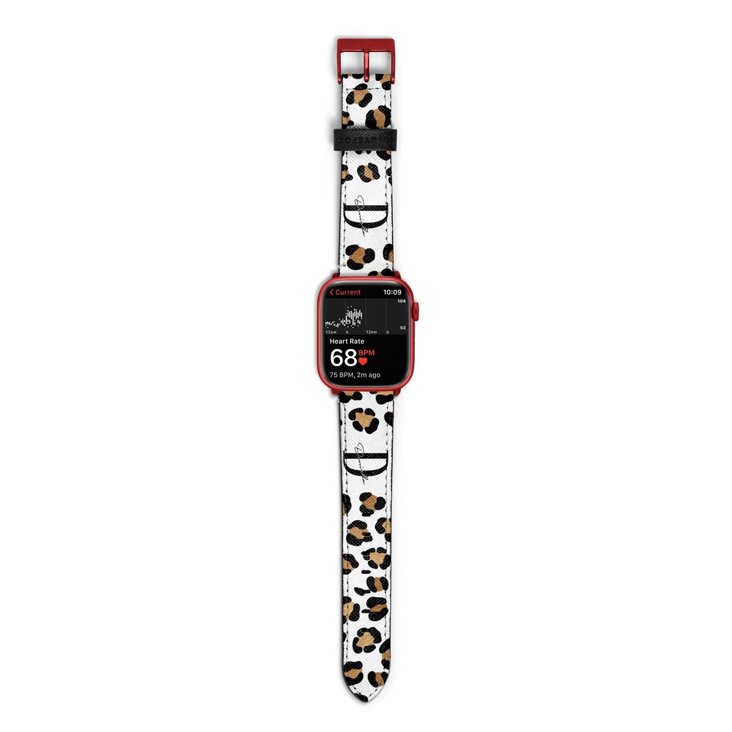 Personalised Leopard Print Apple Watch Strap Size 38mm with Red Hardware