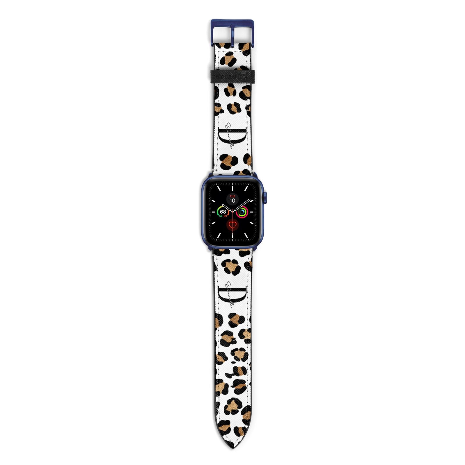 Personalised Leopard Print Apple Watch Strap with Blue Hardware