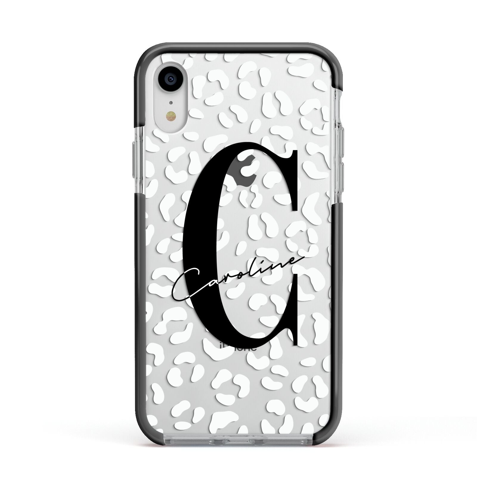 Personalised Leopard Print Clear Apple iPhone XR Impact Case Black Edge on Silver Phone