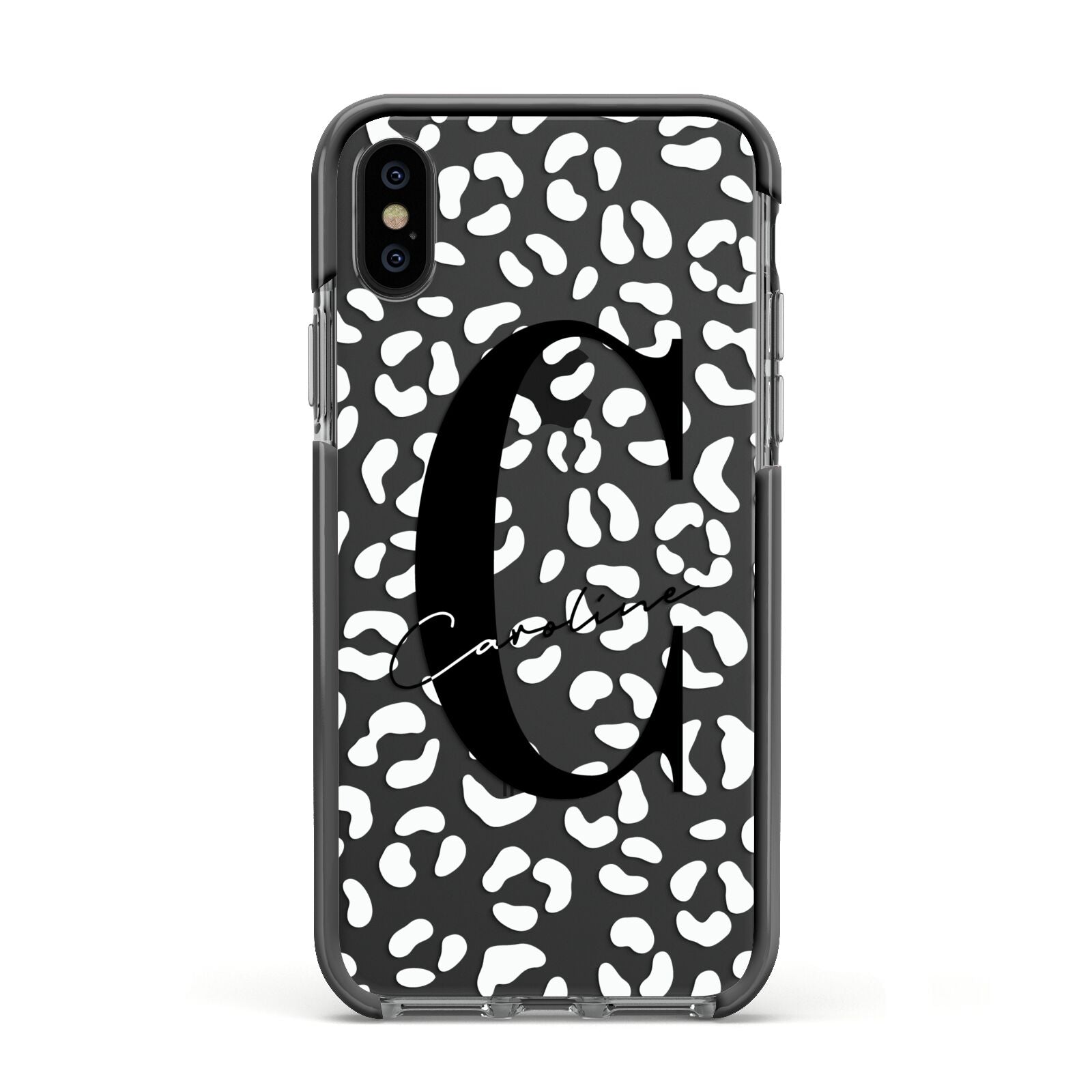 Personalised Leopard Print Clear Apple iPhone Xs Impact Case Black Edge on Black Phone