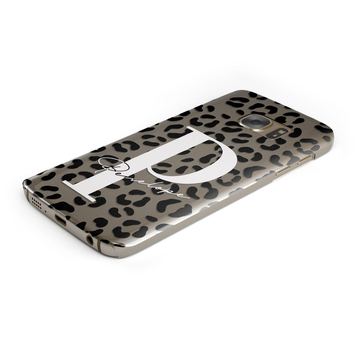 Personalised Leopard Print Clear Black Protective Samsung Galaxy Case Angled Image