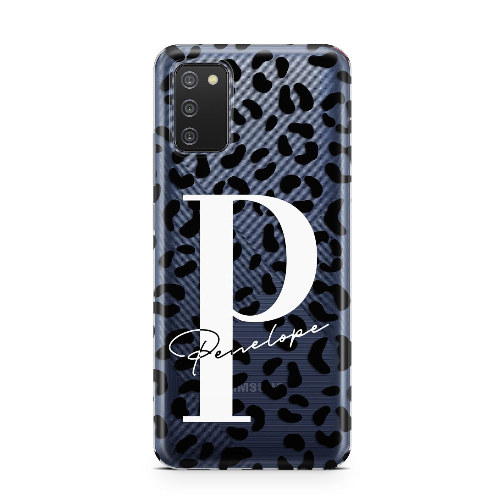 Personalised Leopard Print Clear Black Samsung A02s Case