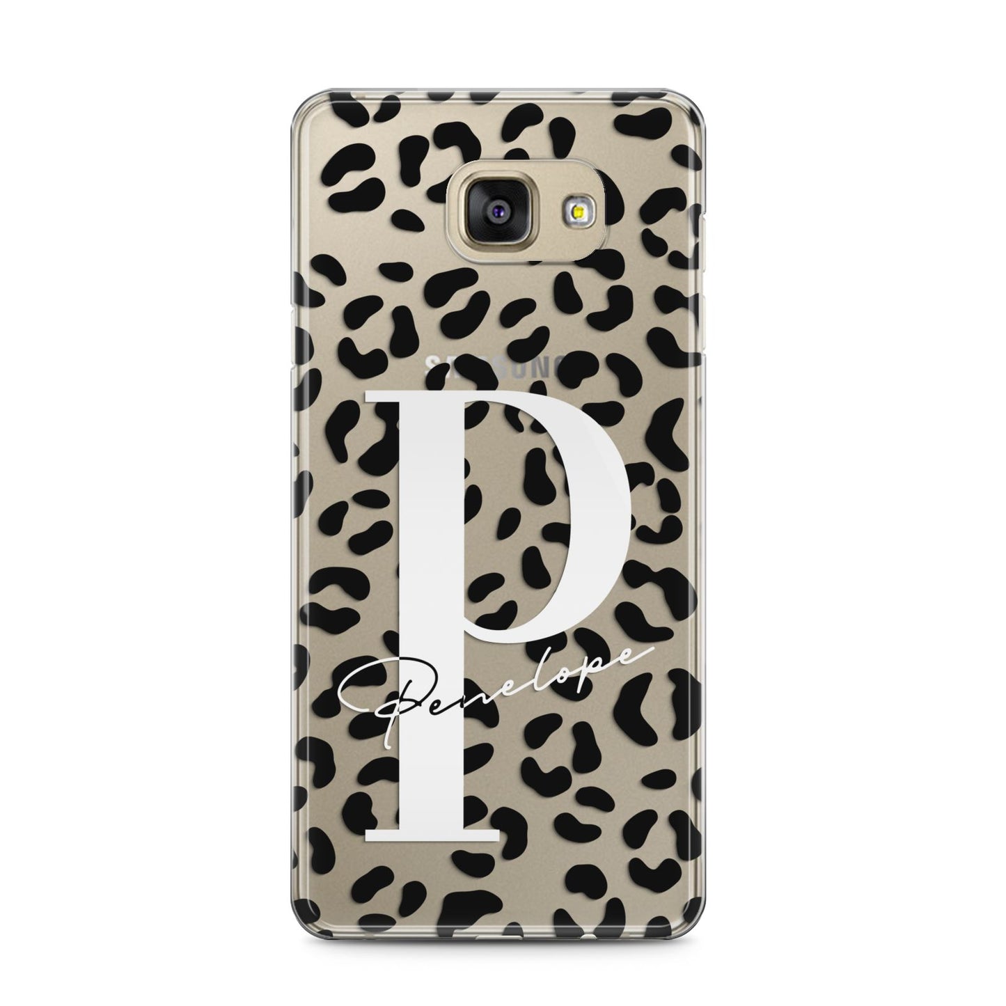 Personalised Leopard Print Clear Black Samsung Galaxy A5 2016 Case on gold phone