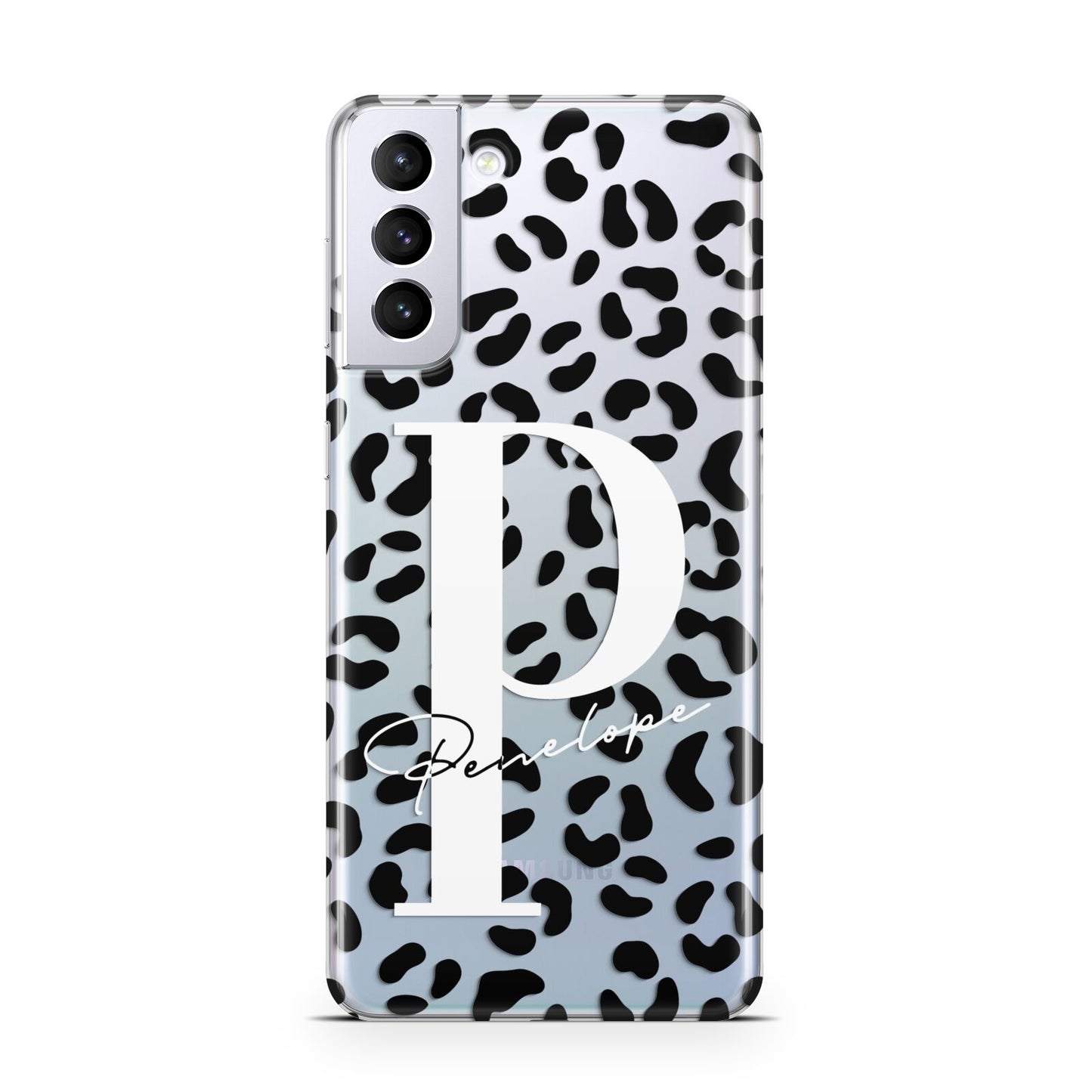 Personalised Leopard Print Clear Black Samsung S21 Plus Case