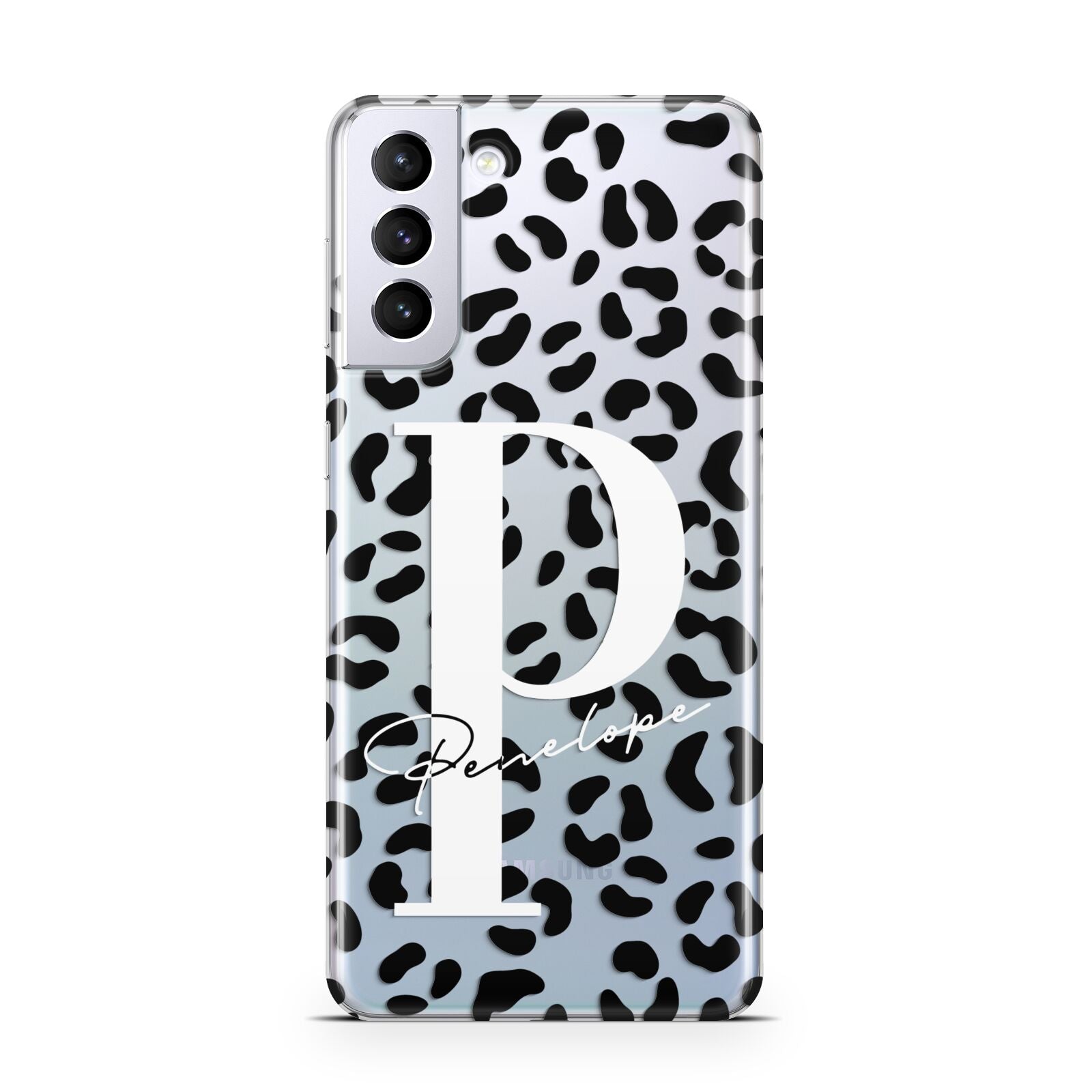 Personalised Leopard Print Clear Black Samsung S21 Plus Case