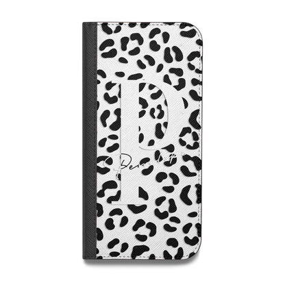 Personalised Leopard Print Clear Black Vegan Leather Flip iPhone Case